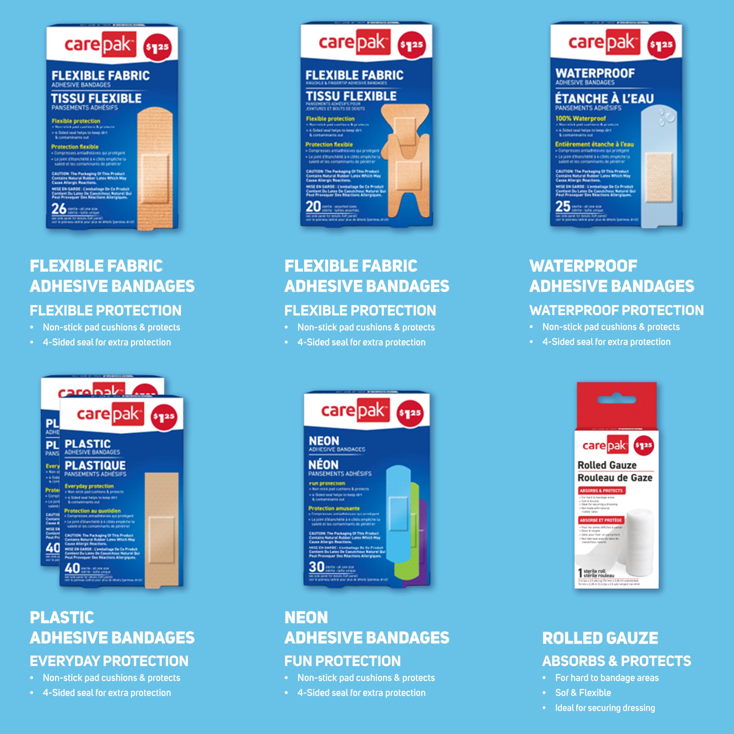 Care Science CarePak - Confezione assortita, 182 pezzi, misure assortite | Assortimento di bende confezionate singolarmente e garza arrotolata. Include bende trasparenti, impermeabili e in plastica
