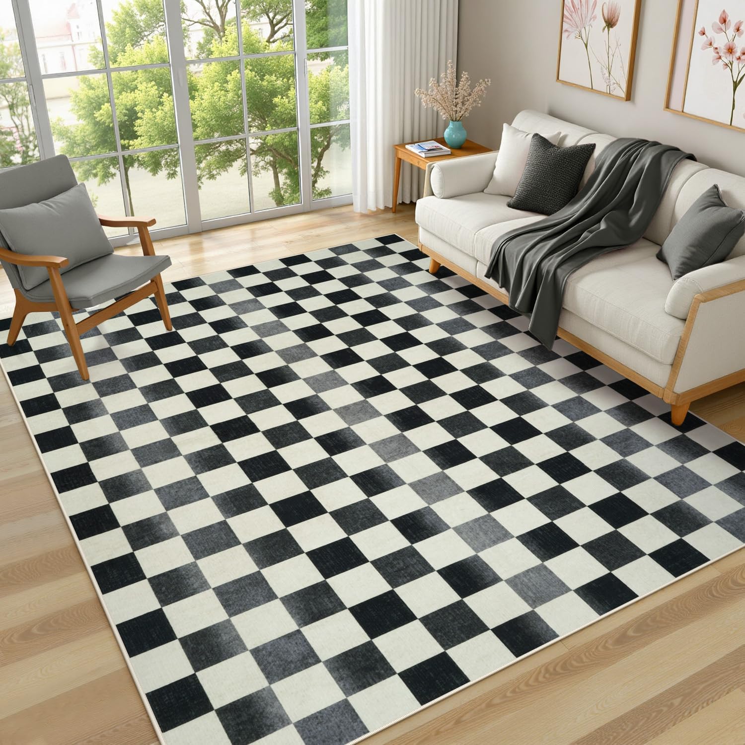 Seavish Ombre Checkered Rug, 8x10 Black and White Rugs for Living Room, Low Pile Soft Bedroom Rug Under Bed Non-Slip Large Checkerboard Modern Neutral Area Rug for Dining Room Playroom 8' x 10' Black