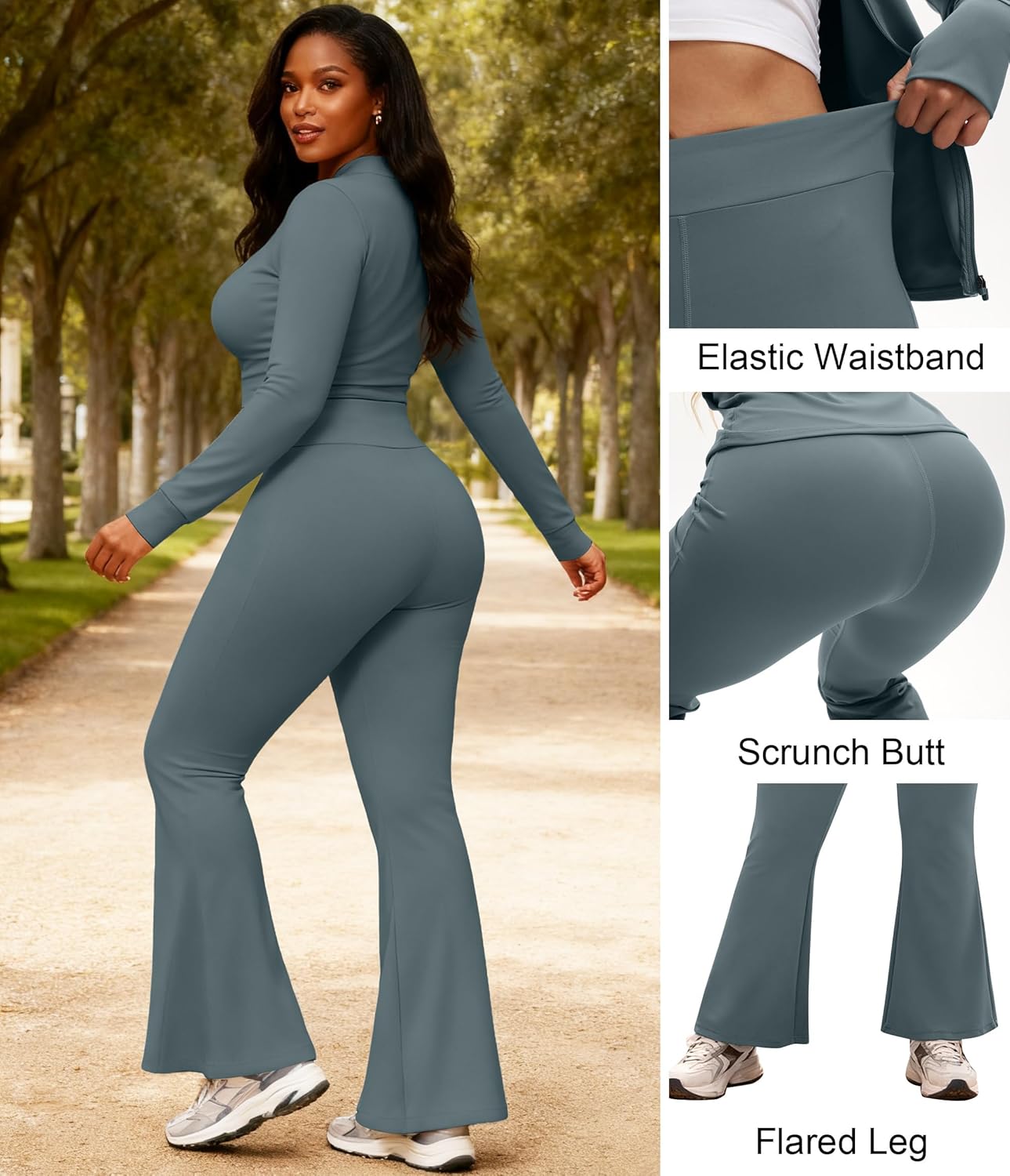 UOUA Women's 2 Piece Set Long Sleeve Jacket & Ankle Length Workout Flare Leggings Casual Matching Outfit Tracksuit Sweatsuit - Image 6