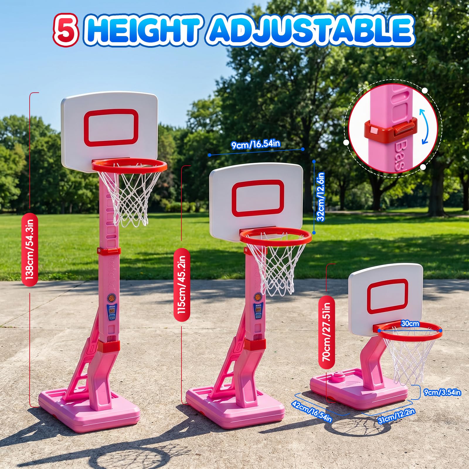 Canestro da basket regolabile per bambini e supporto a 5 livelli (70-138 cm), giocattolo sportivo per interni ed esterni, con 4 palline e pompa, regalo di compleanno per ragazzi e ragazze dai 3 agli 8