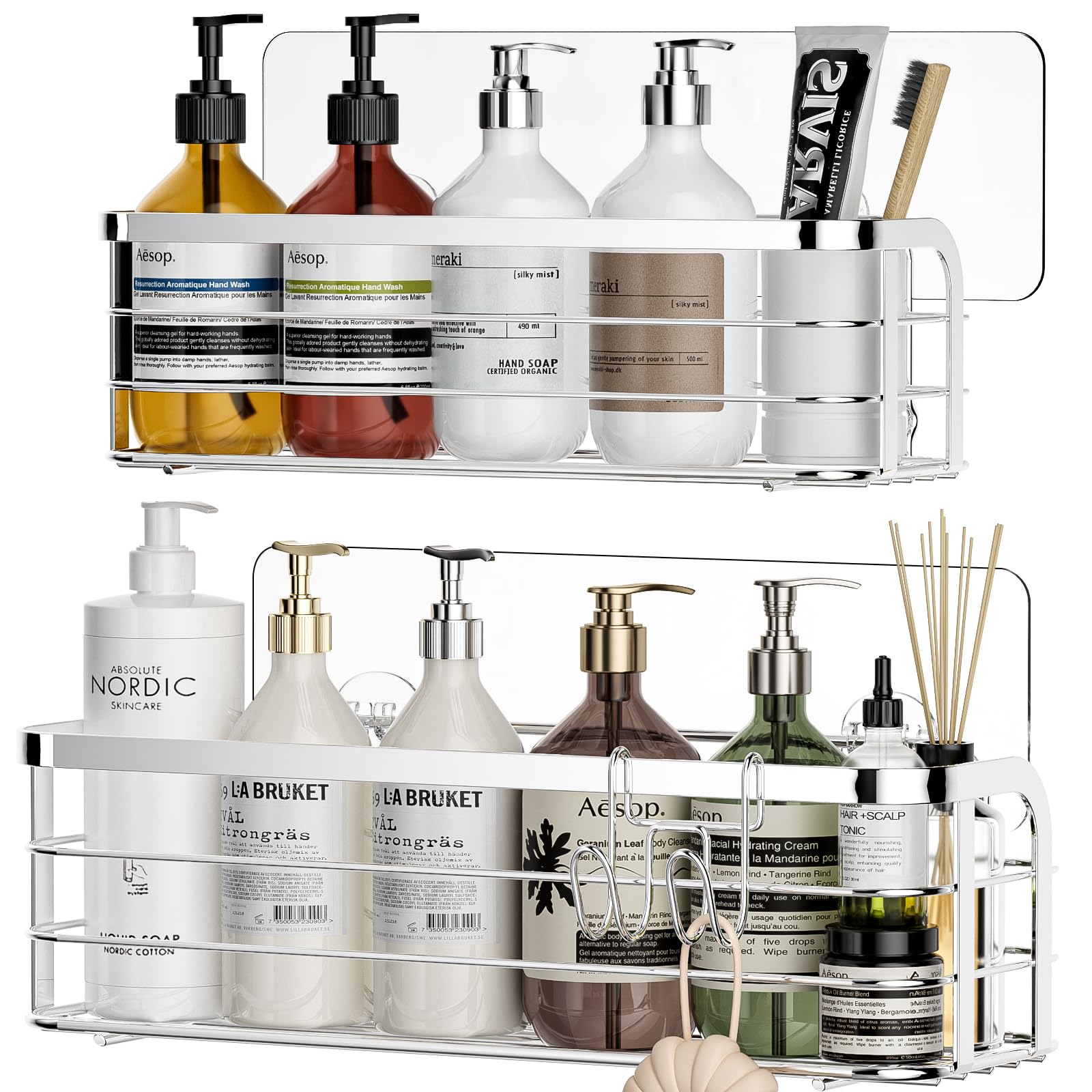 Luxear Estante Ducha Adhesivo 2 Pack, Estante Ducha Sin Taladro, Gran Capacidad, Con Gancho, Organizador de Acero Inoxidable para Ducha Baño Cocina, Plata