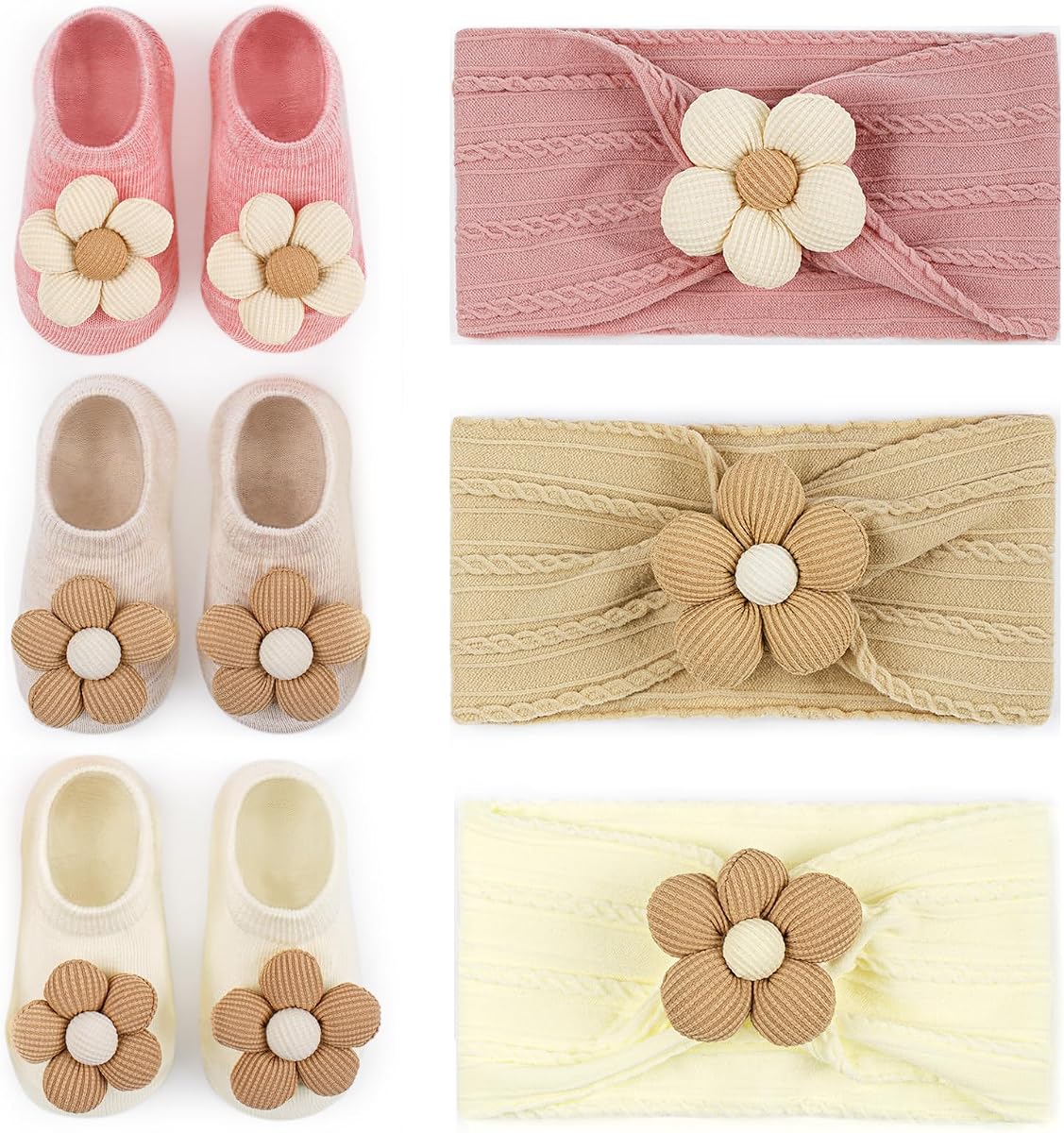 Baby Flower Headband and Socks: Cute Headband and Socks Sets | For Toddler Newborn Infant Girl Pink Khaki Beige