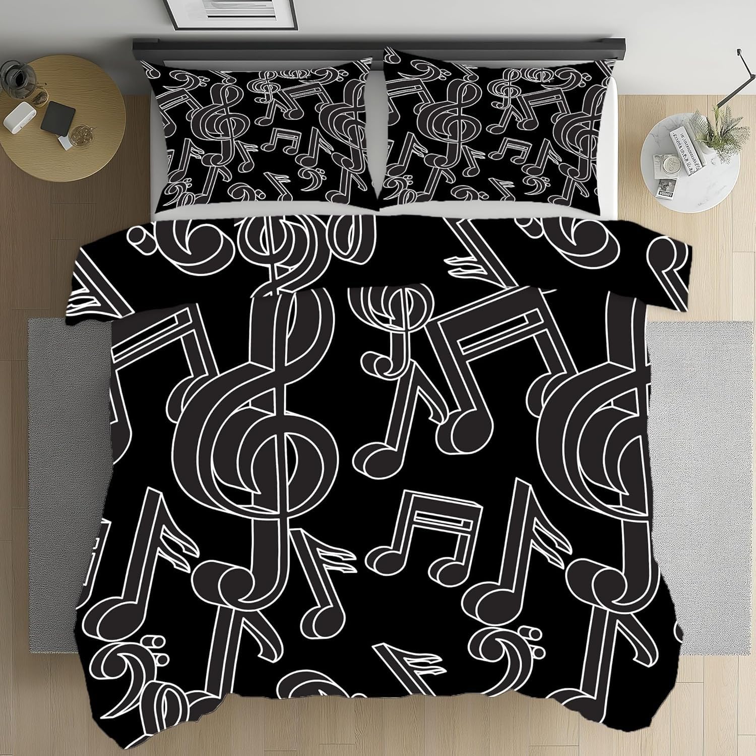 Housse de couette 220x240 musique noire avec 2 taies d'oreiller pour lit 2 personnes