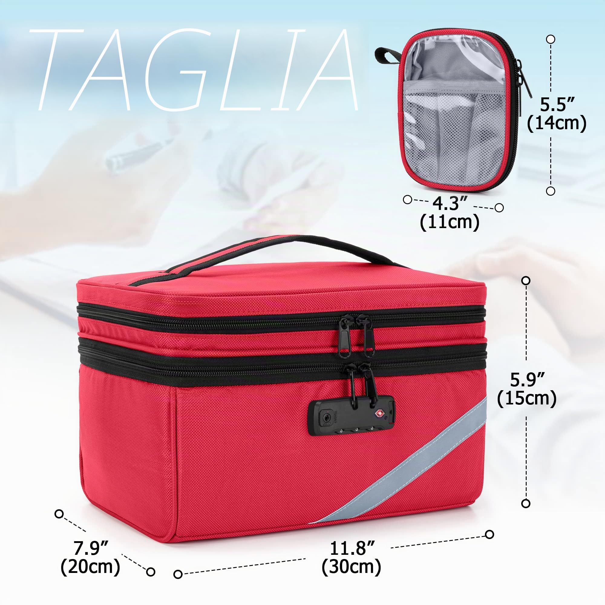 Trunab Borsa Medica Piccola con Lucchetto a Combinazione, Borsa da Viaggio Medica Chiudibile con Mini Custodia per Casa, Viaggio, Emergenza, Rosso (Borsa Vuota), Design Brevettato