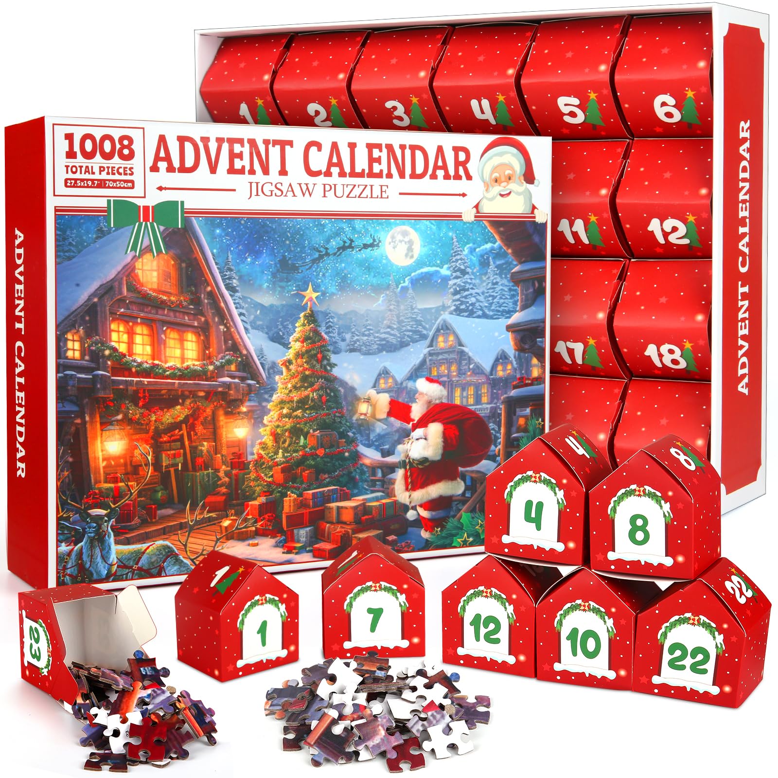 Christmas Jigsaw Puzzles Advent Calendar 2024 Christmas Surprise Countdown Calendars for Adult and Kids, 24 Parts 1008 Pieces Holiday Puzzle to Christmas Gifts Decorations with Puzzle Saver