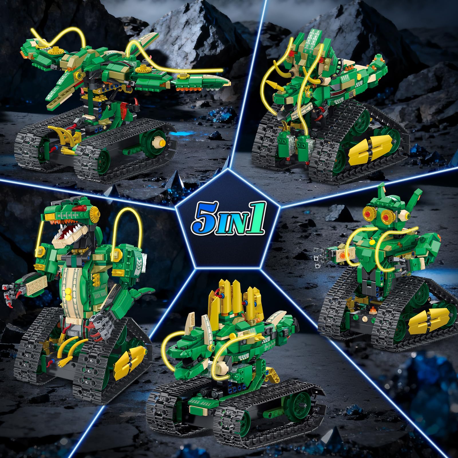 HiWEEGO Technik Roboter für Kinder mit Licht - 5 in 1 Dinosaurier Fernbedienung Bausatz, 877 Teile RC Robot Wiederaufladbar Spielzeug Geschenk für Jungen und Mädchen 8–12 Jahren