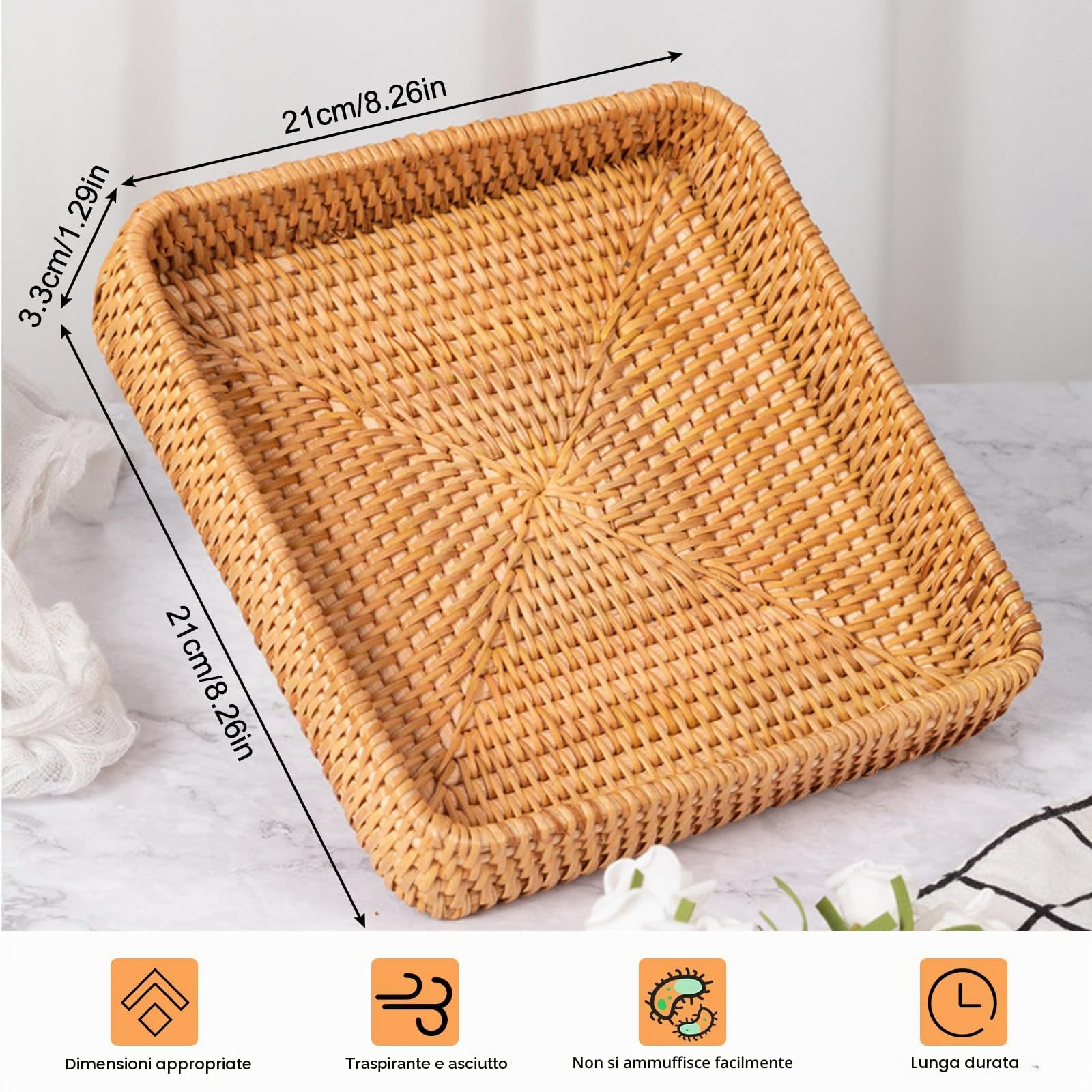 Vassoio Decorativo in Rattan, Cesto Portaoggetti Intrecciato, Organizer Scrivania Ufficio, Portaoggetti Tavolo Tessuto per Trucco, Tovaglioli, Dessert, Ornamenti