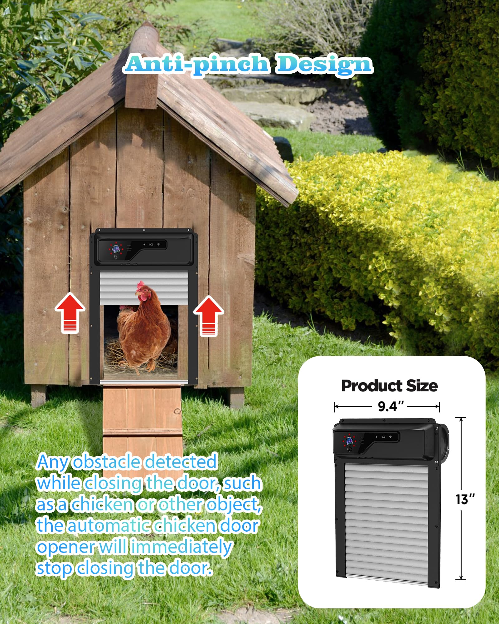 Porta automatica per pollaio con telecamera HD, alimentazione solare, WiFi abilitato, monitoraggio basato su app, telecomando e timer, con sensore anti-trappola e azionamento di allarme