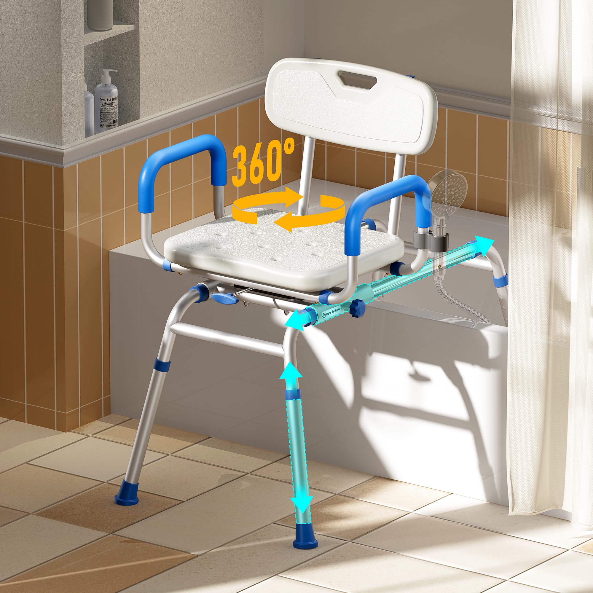 Sliding Shower Chair with Extra-Wide 360° Swivel Seat, 330lbs Tub Transfer Bench, Non-Slip & Padded Arms, Adjustable Height for Elderly & Disabled Inside Shower, Rectangular