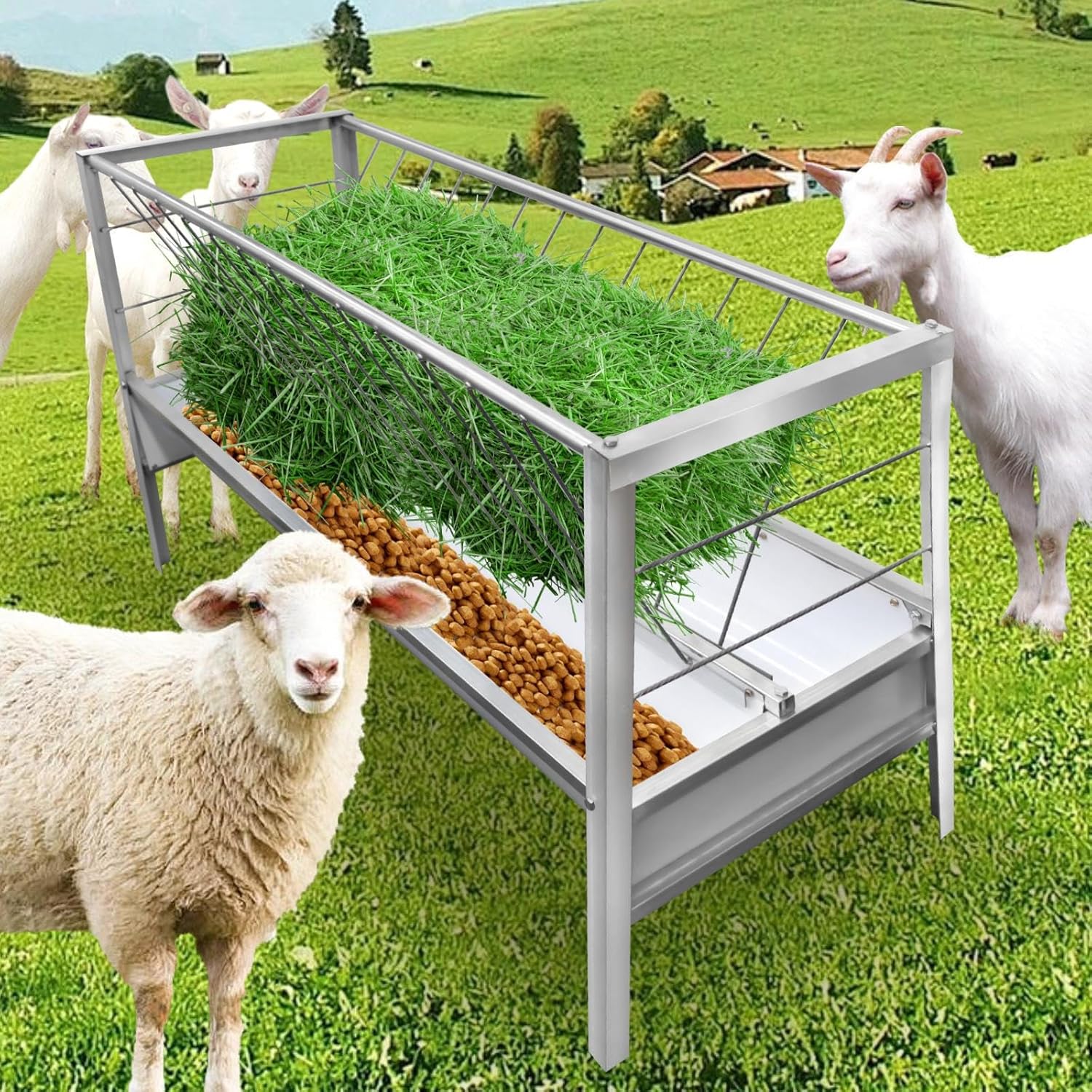 77 Gallon Stainless Steel Goat Hay Feeder, Heavy-Duty Horse & Sheep Hay Trough, Rustproof Galvanized Livestock Feeder, Wall-Mounted Dual-Compartment Design for Hay & Grain