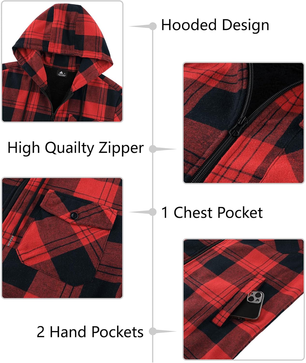 SCODI Men's Flannel Plaid Jacket Warm Sherpa Lined Fleece Hoodies for Men Zip Up Thick Jackets Winter Coat with Pocket - Image 3