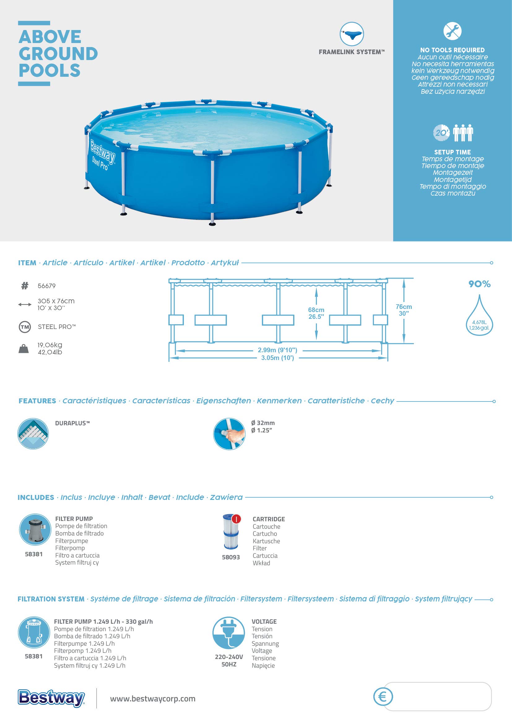 Bestway Steel Pro Frame Pool-Set mit Filterpumpe Ø 305 x 76 cm, blau, rund