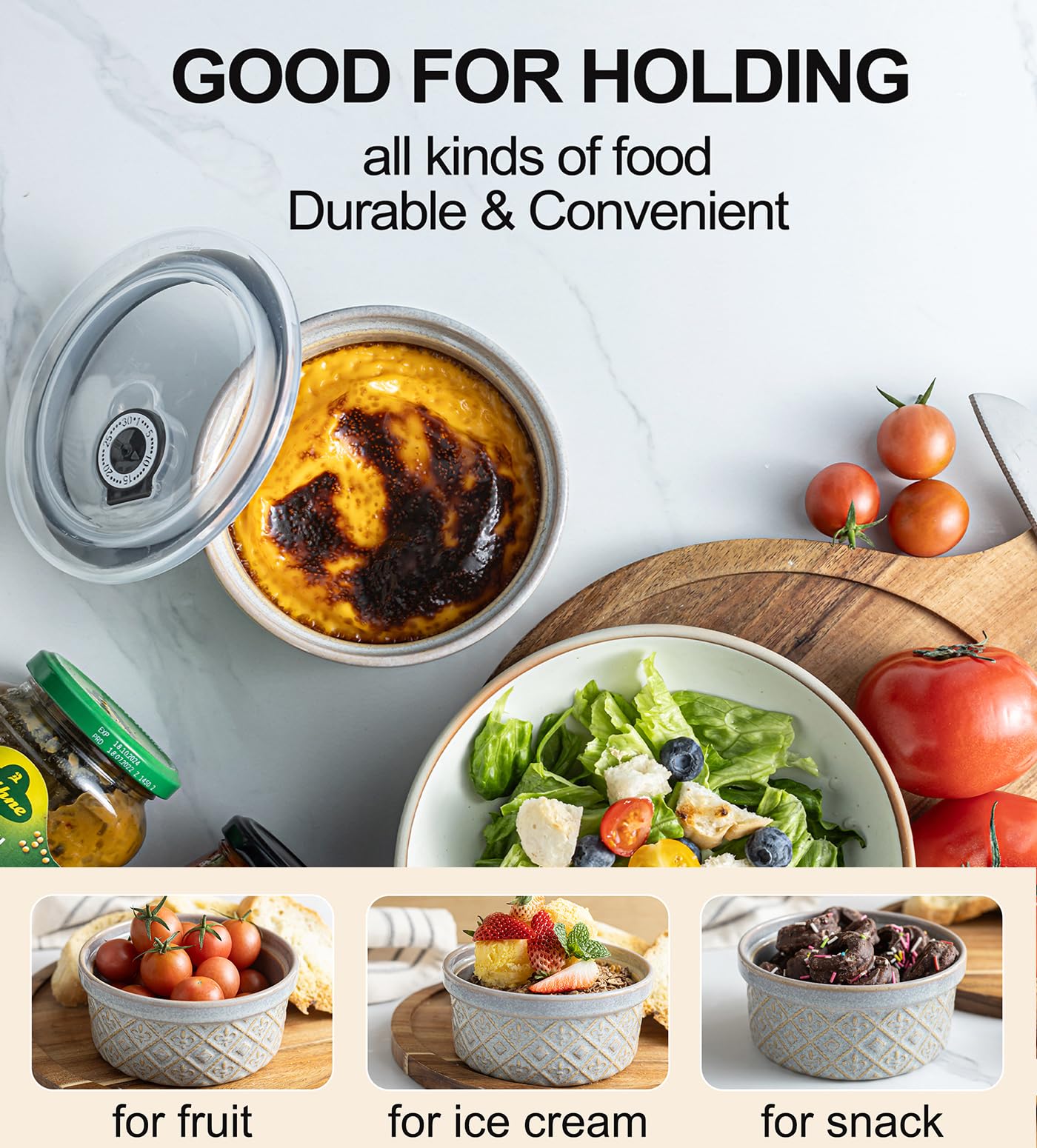 Große Keramik-Rührschüsseln mit Deckel, 4 Stück, 1,2 l, Salatschüsseln für Küche, Lebensmittelaufbewahrung, luftdichte Servierschüsseln für Mahlzeiten, Müsli, Reste, Büroessen und Camping