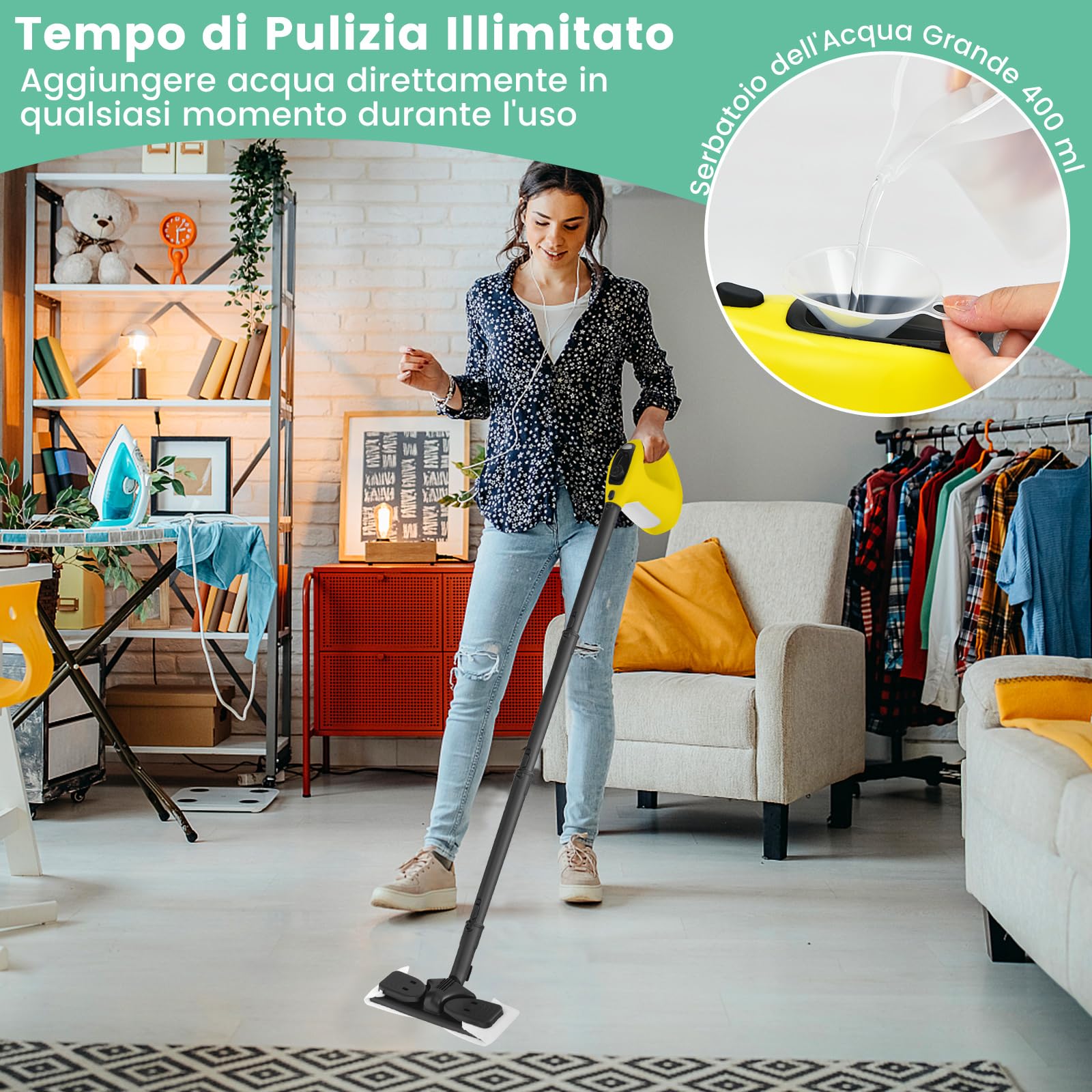 COSTWAY 1500W Pulitore a Vapore Portatile, Macchina a Vapore con Serbatoio d'Acqua da 400 ml Blocco per Bambini e Kit di Accessori da 14 Pezzi, 33x13x24,5 cm (Giallo)