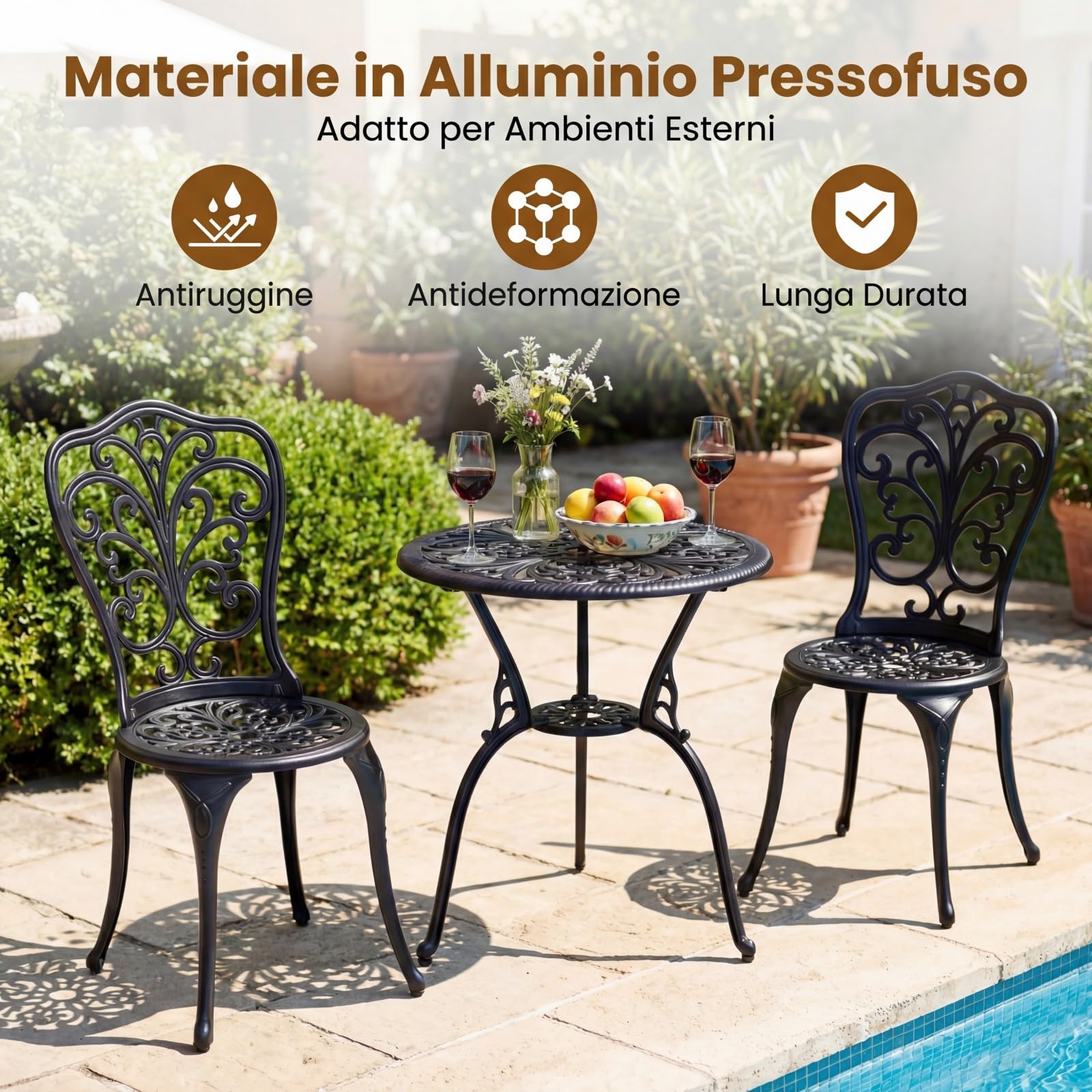 COSTWAY Set Tavolino e Sedie in Alluminio 3 Pezzi, Set Bistro da Esterno con Foro per Ombrellone, Mobili da Giardino per Cortile Patio Terrazza (Modello 3)