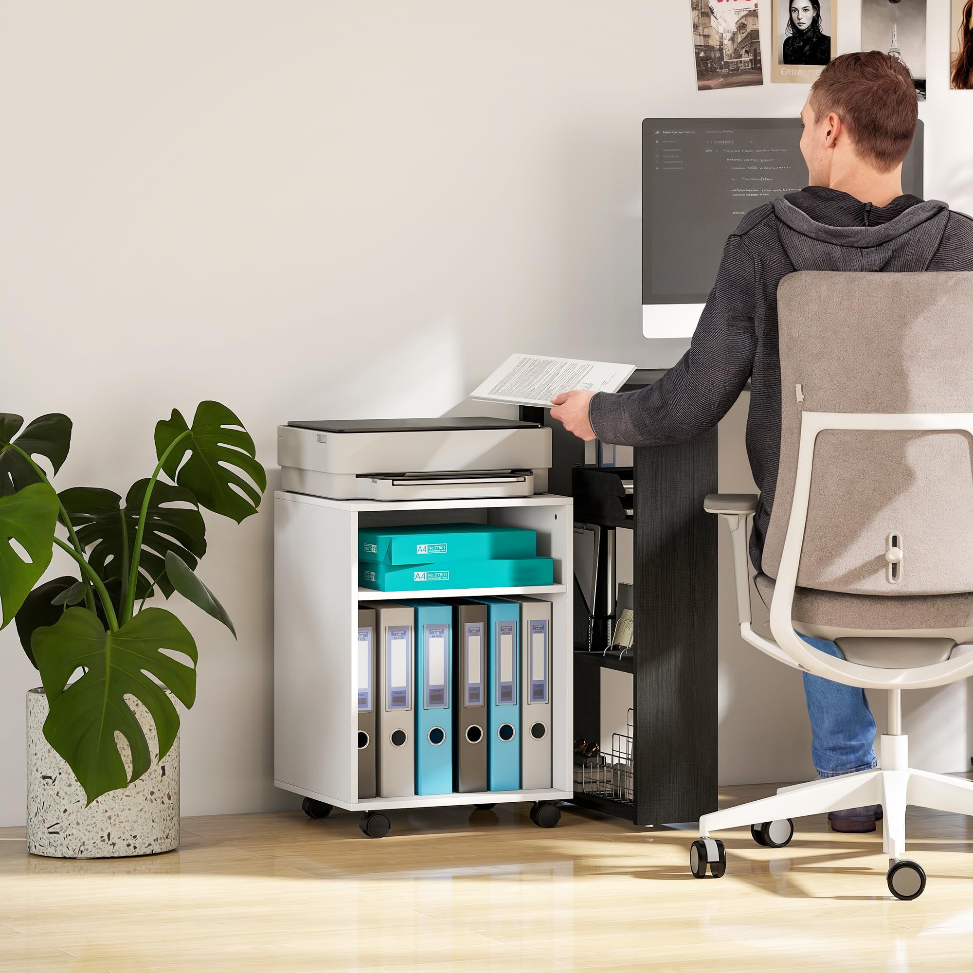 HOMCOM Support d'imprimante de Bureau 2 Étagères 40x35x55,5cm Blanc | Meuble de Rangement, Sur Roulettes, Caisson pour Petits Espaces, Bureau et Étude