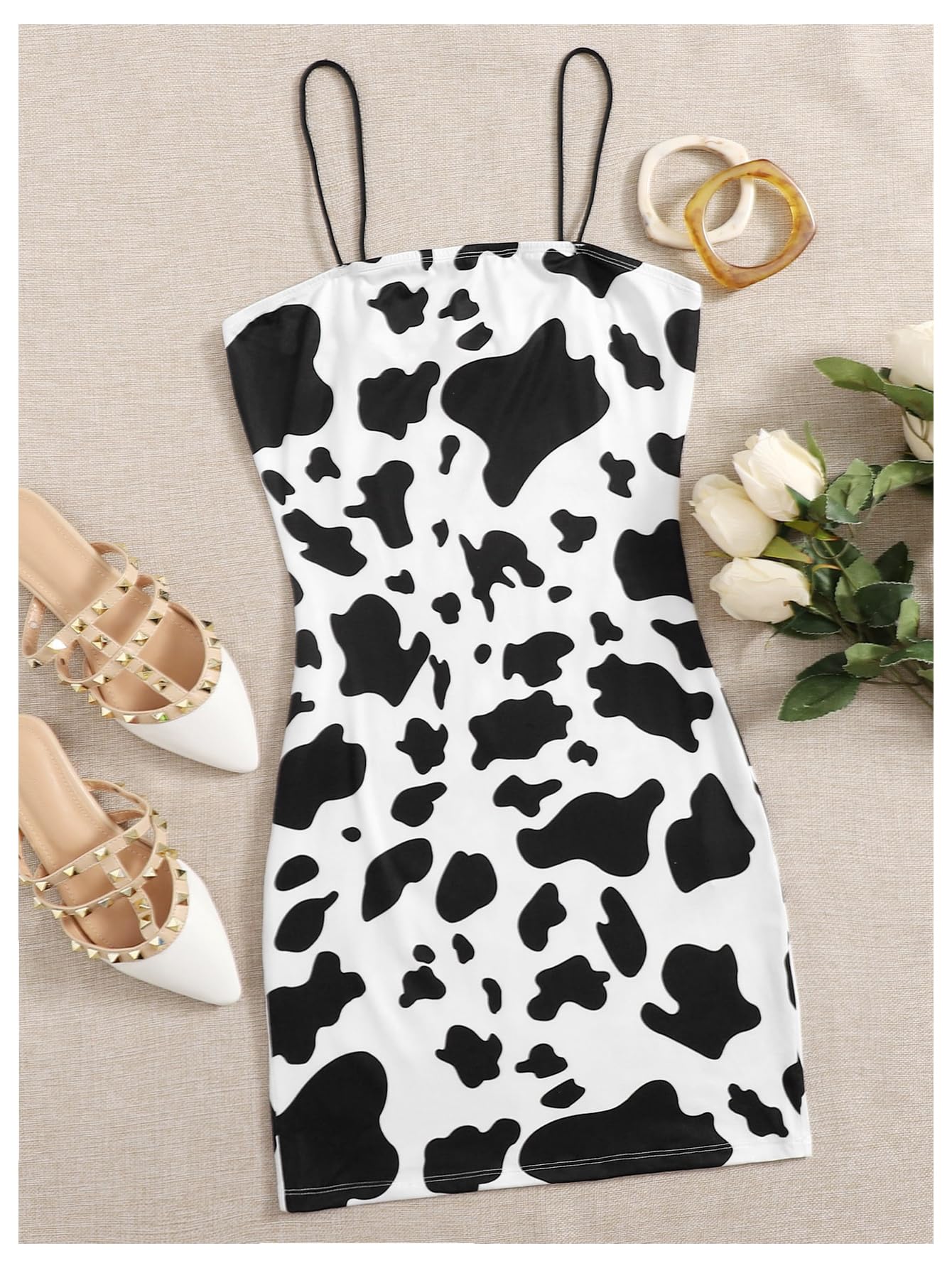 WDIRARA Women's Cow Print Bodycon Mini Cami Dress Spaghetti Strap Dresses