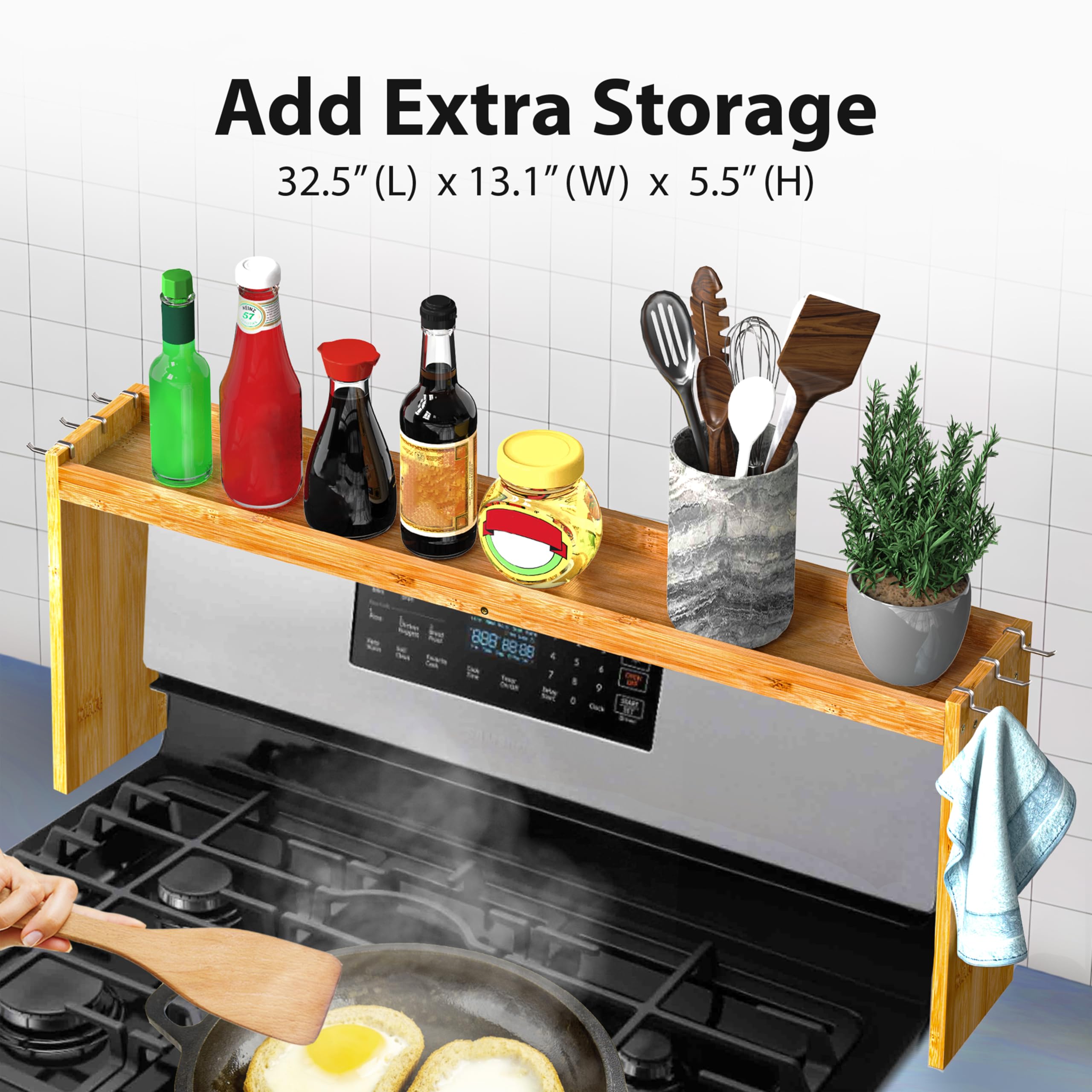 IIIOIIIA Estante organizador de especias de bambú para cocina, estante organizador de especias de 31.5 pulgadas con 6 ganchos, encimera de almacenamiento adicional de 11.4 pulgadas de altura, fácil de