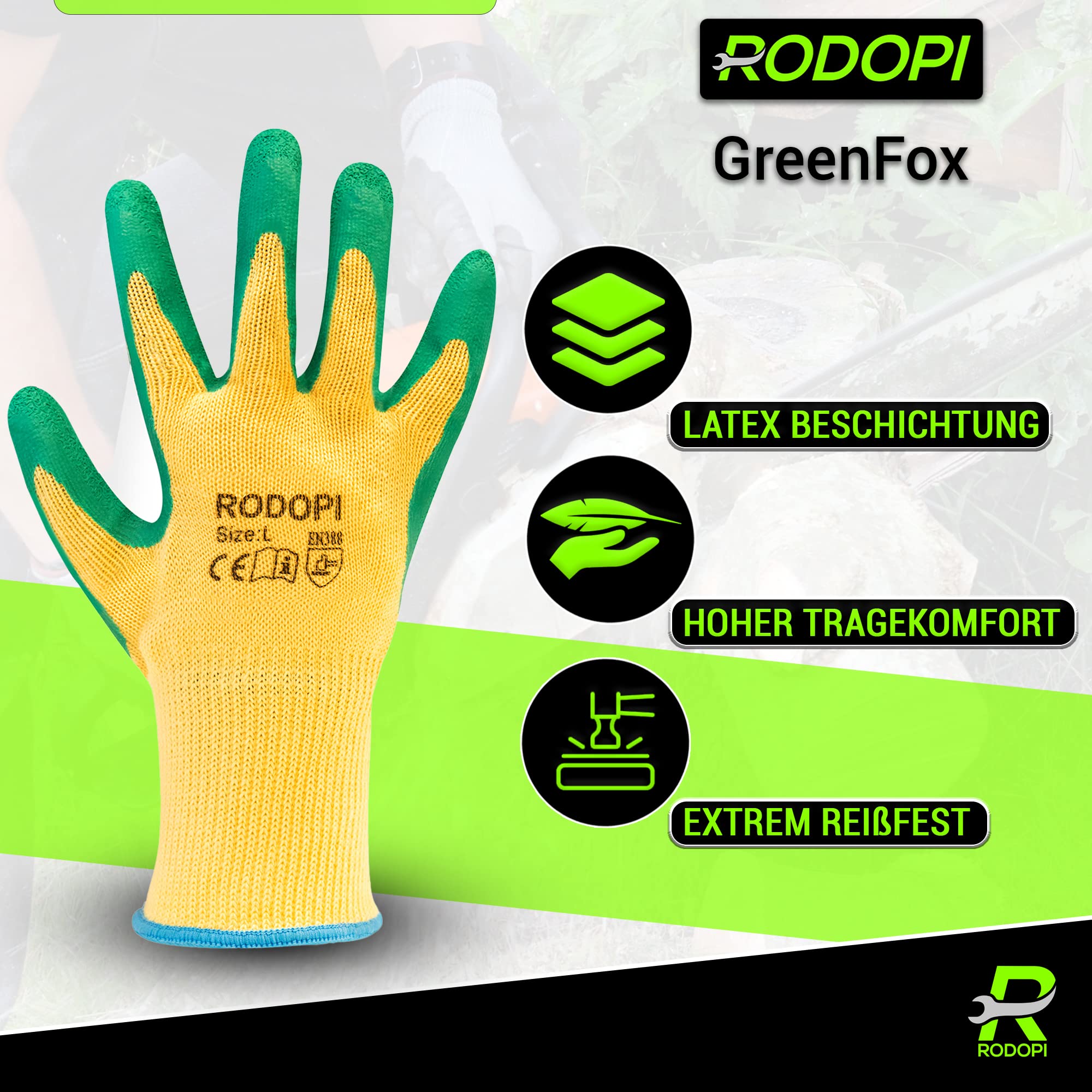 RODOPI GreenFox Gartenhandschuhe für Damen und Herren dornenfeste Arbeitshandschuhe für die Gartenarbeit EN 388:2016 Rosenhandschuhe Latex Garden Gloves (120 Paar, 9)
