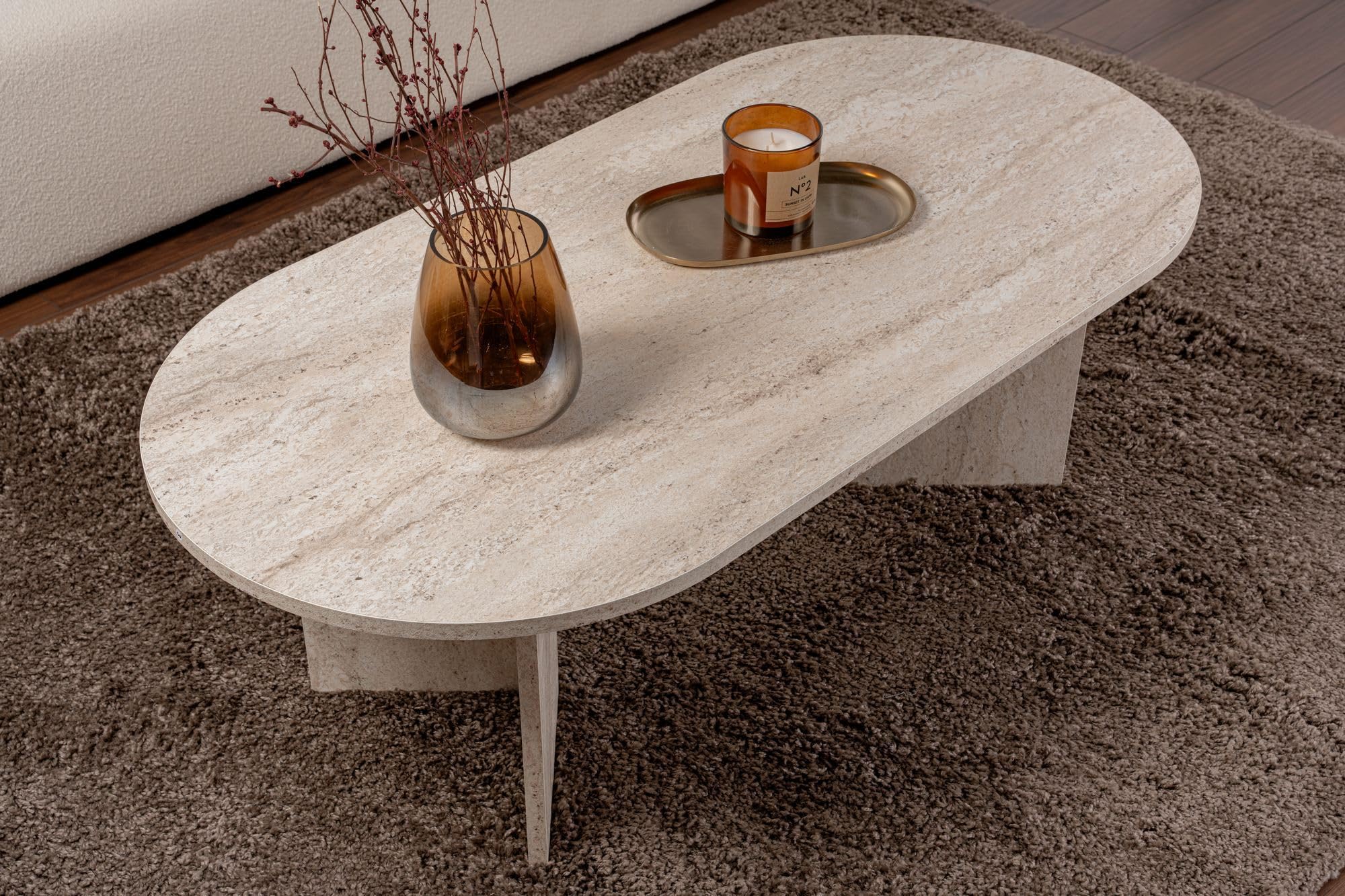 Eleganter Couchtisch, Travertine-Farbe, 119 x 39,8 x 60 cm | 100% melaminbeschichtete Spanplatte, 18 mm Stärke | stilvolles Marmordesign für Moderne Wohnräume