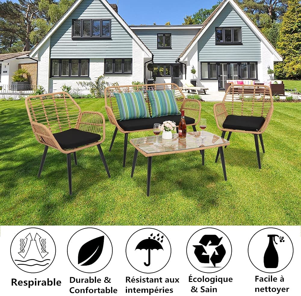 Ensemble de mobilier de jardin - Salon de jardin en résine tressée - Design rétro - Chaises et table - Marron