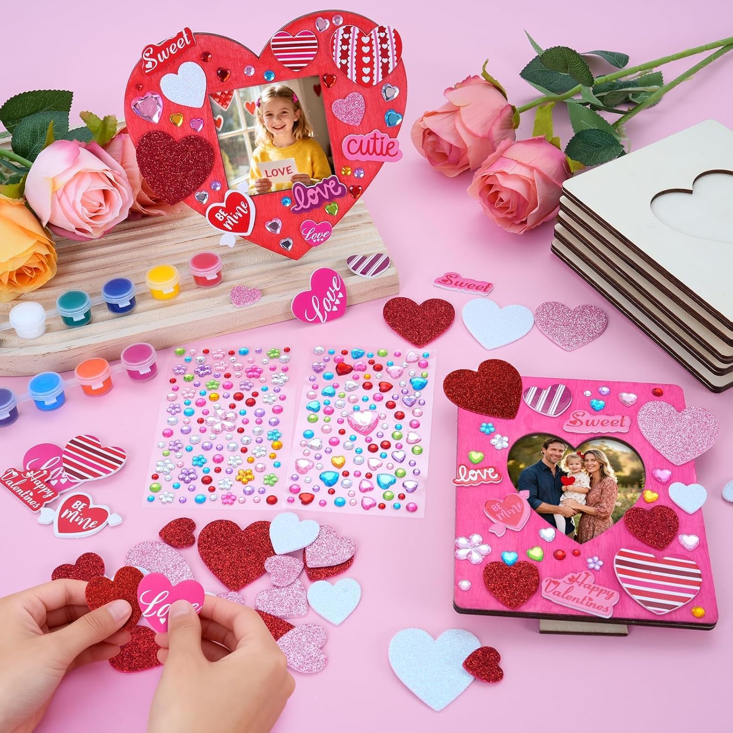 APUDWN 12 Pcs Valentines Picture Frame Craft Kits DIY Unfinished Wooden Heart Frames to Paint with Heart Foam Rhinestone Stickers Painting Tools Set for Valentine's Day Crafts Party Favors Decor Gift