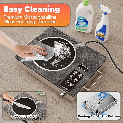Miniatura 6 de Placa eléctrica de un solo quemador de 1800 W, placa caliente infrarroja portátil con vidrio de mármol, estufa de cerámica de encimera con