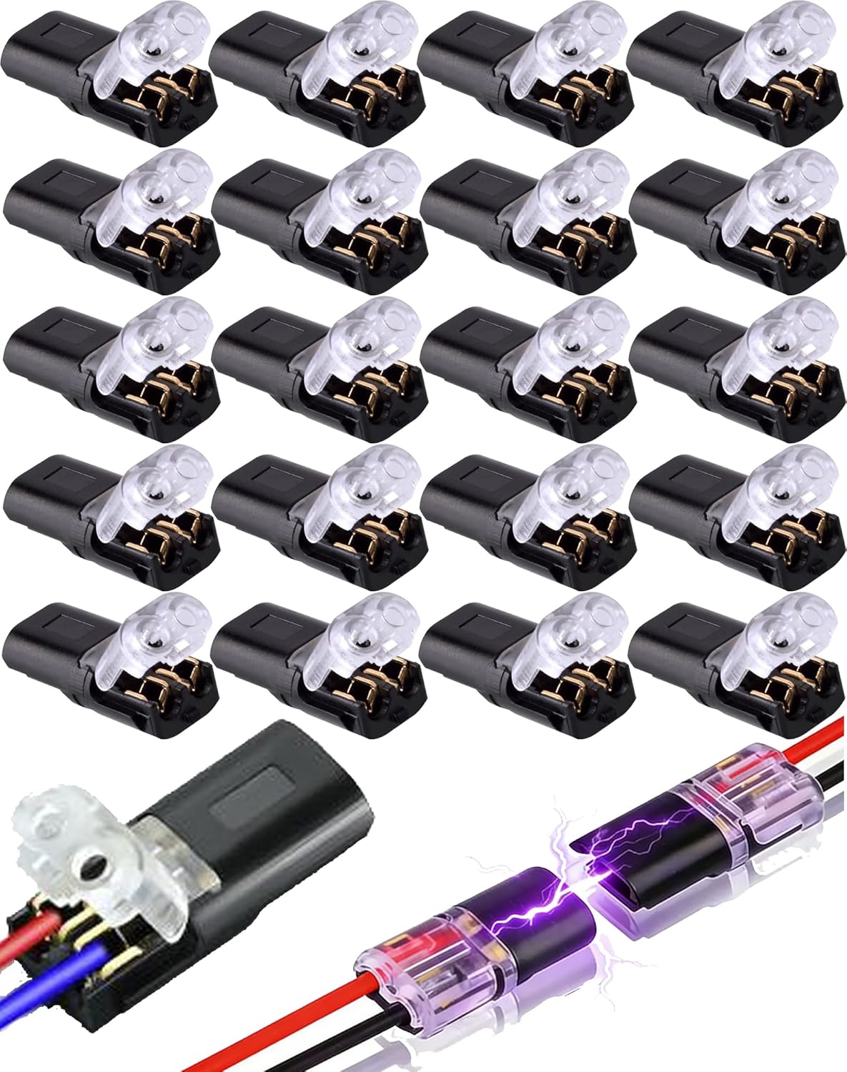 Double-Wire Plug-in Connector Led Light Strip Connectors 2 Pin, Double-Wire Plug-in Connector with Locking Buckle, Waterproof Portable Clamp Electrical Connectors Kit for Low-Voltage Projects (20pcs)