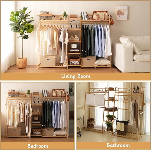 Miniatura 8 de Estante de bambú para ropa de 9 niveles, estante para colgar ropa, organizador de armario portátil con estante superior, estantes de almacenamiento