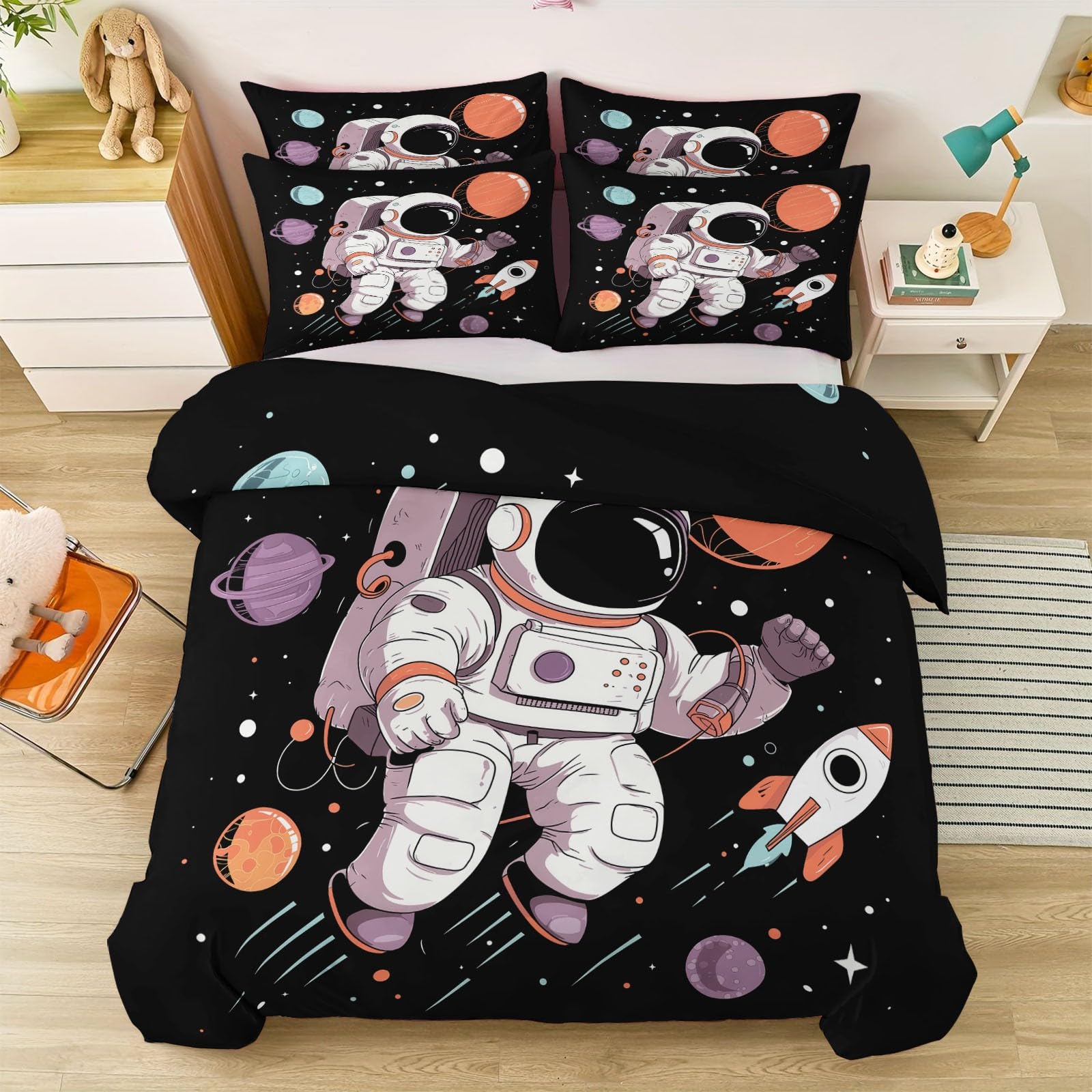 Nowoczesna poszewka na kołdrę z kreskówki, fantazyjna, planeta, rakieta, astronauta, dwustronna, mikrofibra, poszewka na kołdrę, pojedynczy zestaw, przytulna, miękka, hipoalergiczna, nie wymaga