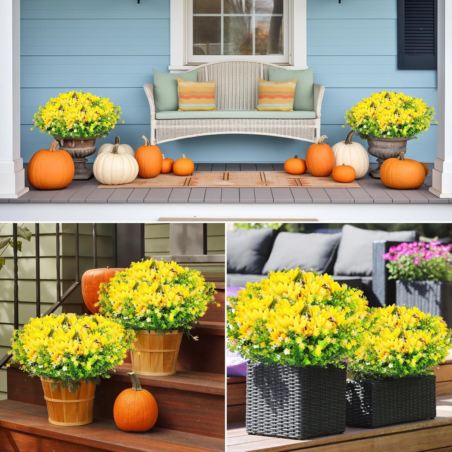 Sunflower Artificial Flowers for Outdoors, Indoor Fake Floral with Ground Spike for Door Yard Porch Patio Garden Window Box Office Table Kitchen Home Planter Pot Vase Flowerpot Yellow White (B)