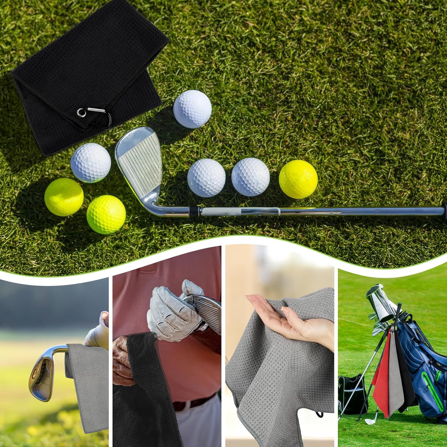 MEISO Toallas de Golf Microfibra 40xcm Ultra Absorbente Mosquetón Diseño Gofre Secado Rápido Negro