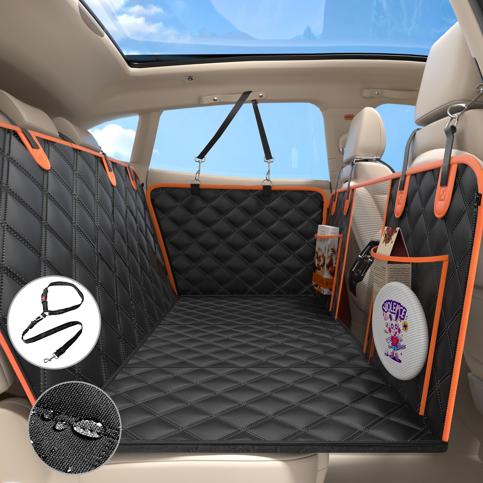 Back Seat Extender for Dogs Support 400lbs, Detachable Hard Bottom Dog Car Seat Cover for Back Seat, Waterproof Nonslip Sturdy Soft Backseat Extender for Dogs, for Car SUV, Orange