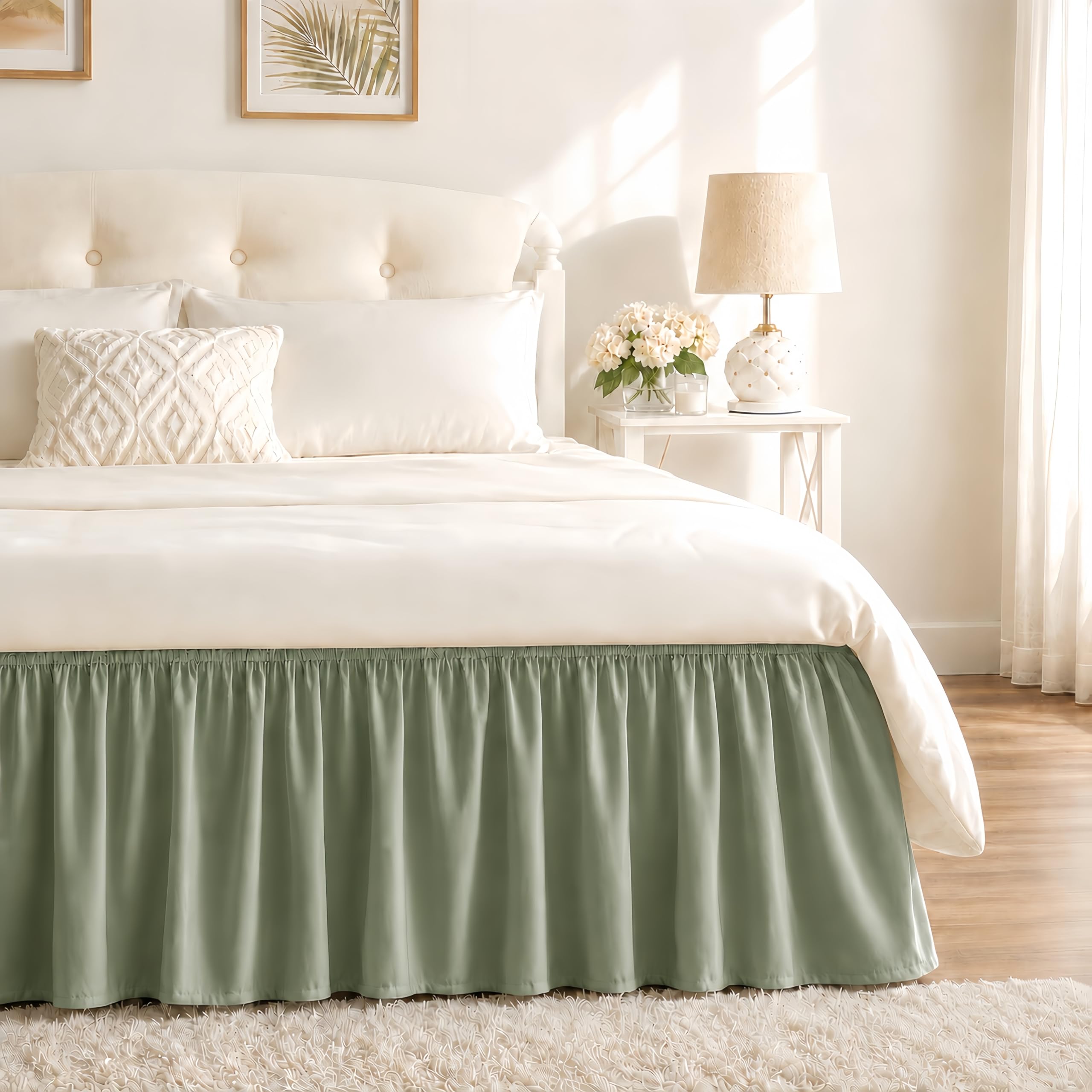 Sage Green Bed Skirt Full Size 15" Drop, Elastic Wrap Around Bedskirt