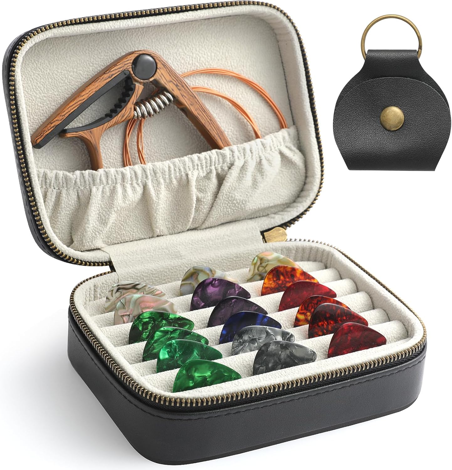 Genuine Leather Guitar Pick Case Holder Box, Acoustic Electric Guitar Accessories Gift for Guitar Player (Black)