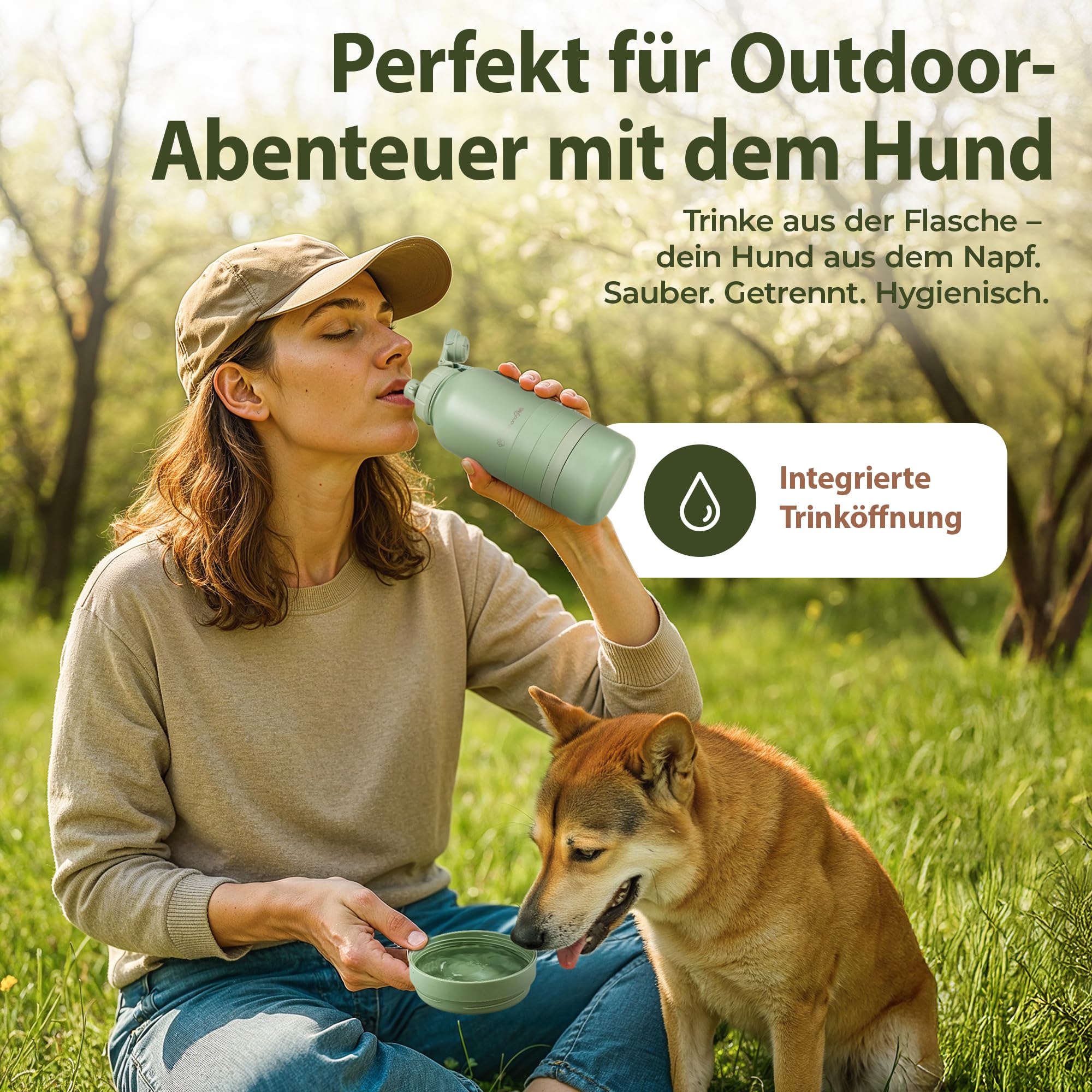 Pets Hundetrinkflasche für unterwegs 1l mit Näpfen -Ideal für Reisen,Outdoor- Isolierte Edelstahl Flasche mit Napf, Hundezubehör, Hundeflasche mit Futterbehälter - GRATIS Tragegriff