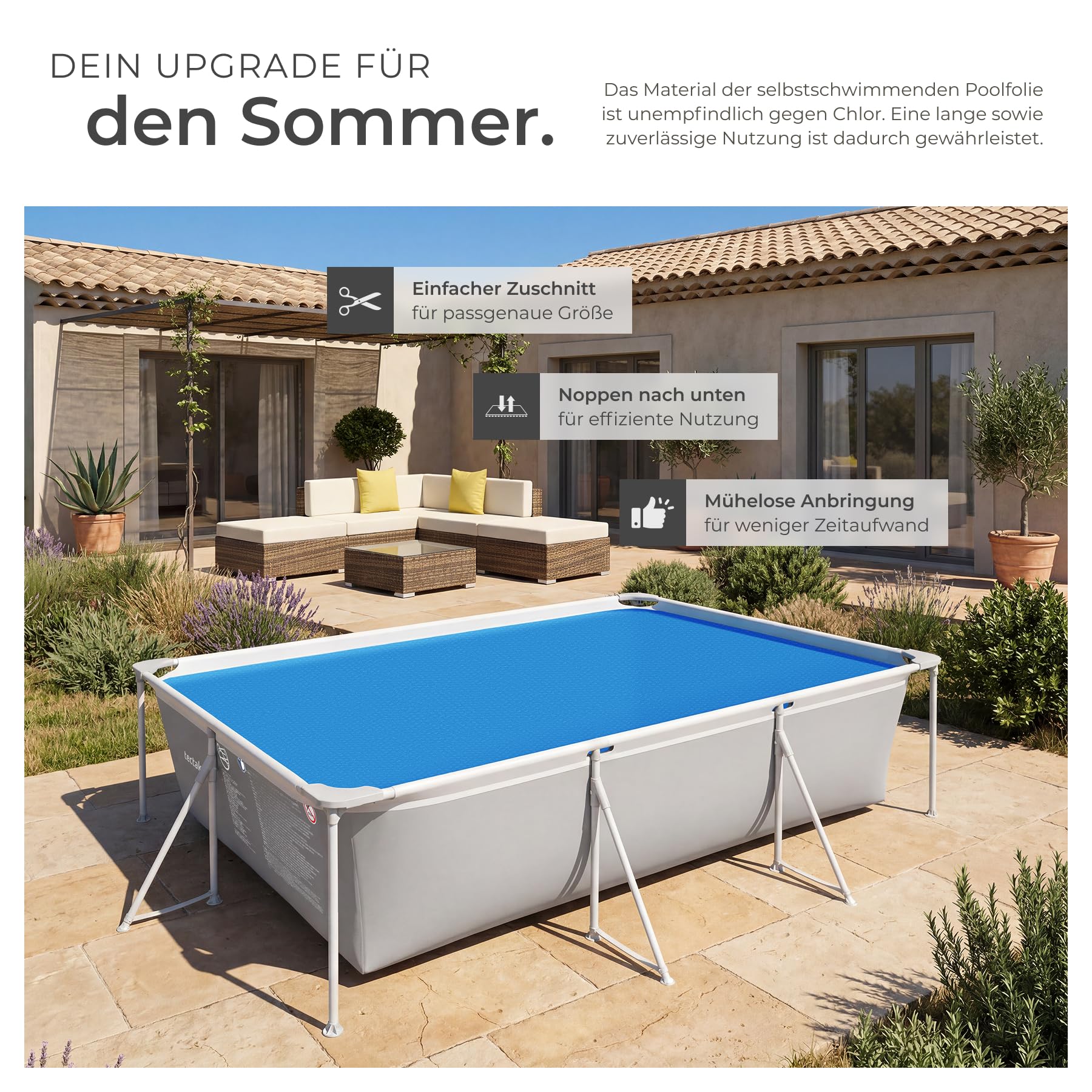 tectake® Poolabdeckung rechteckig, 5 x 10 m, Stärke 200 μm, zuschneidbar, Solarfolie, Poolfolie, Schwimmbadabdeckung, Poolabdeckplane, Abdeckplane Pool - blau