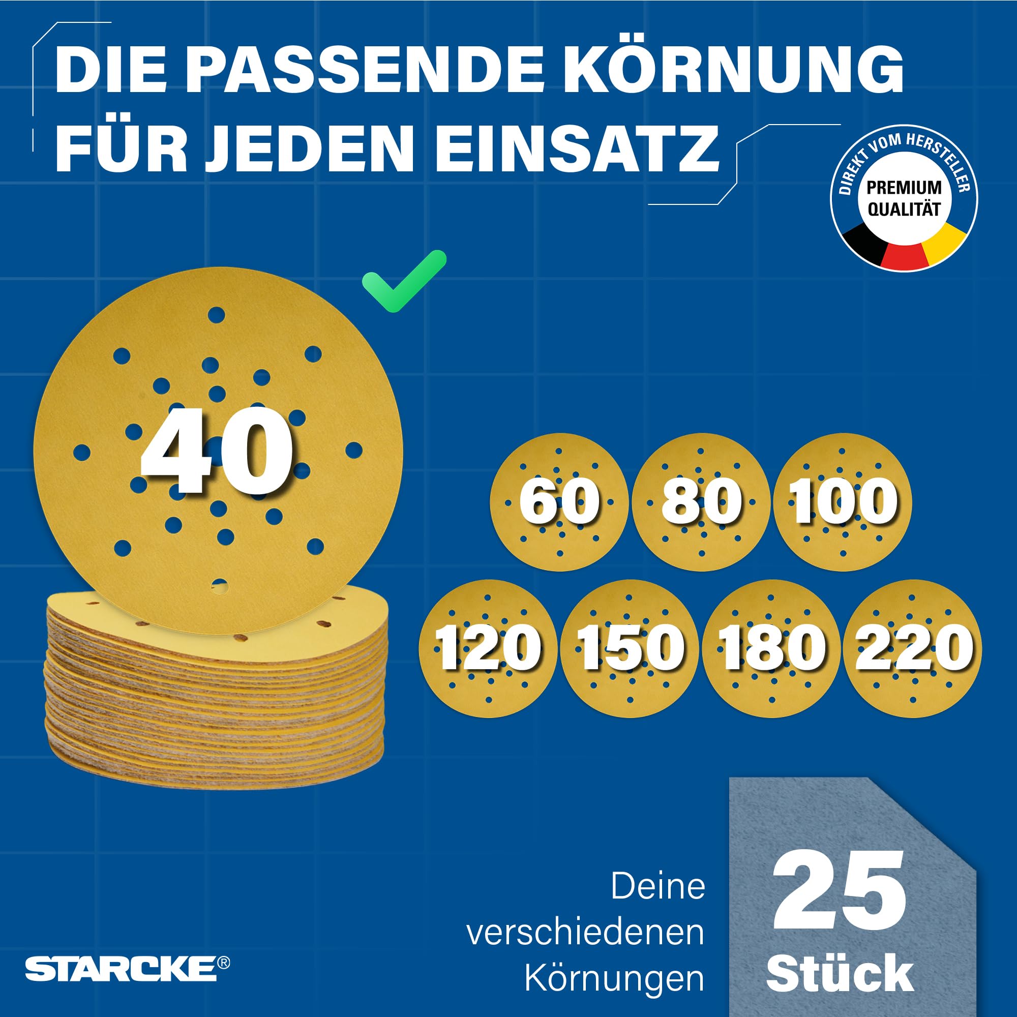 STARCKE® Schleifscheiben 225mm Klett AIR-GIANT - MADE IN GERMANY - [25x] - für 27-Loch Langhalsschleifer, Trockenbauschleifer - Trockenbau, Malerarbeiten, Farbe, Lack, Spachtel (P40, 25x)
