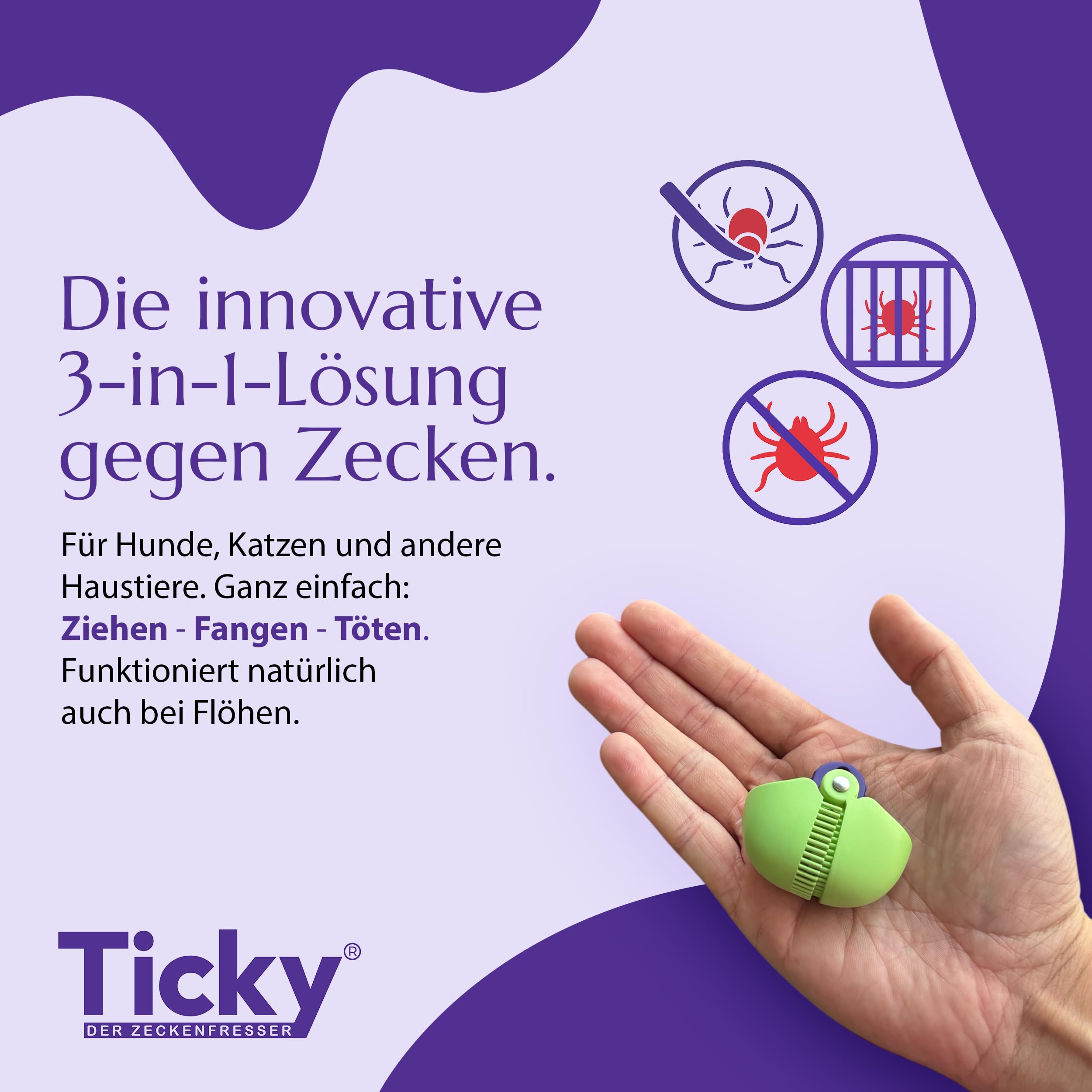 ticky - Innovative 3-in-1 Zeckenzange für Hunde & Katzen - Hygienische Zeckenentfernung auch für Flöhe - Zeckenentferner Zeckenschutz für Hund & Katze - Zeckenzange, Zeckenhaken, Zeckenkamm in Einem