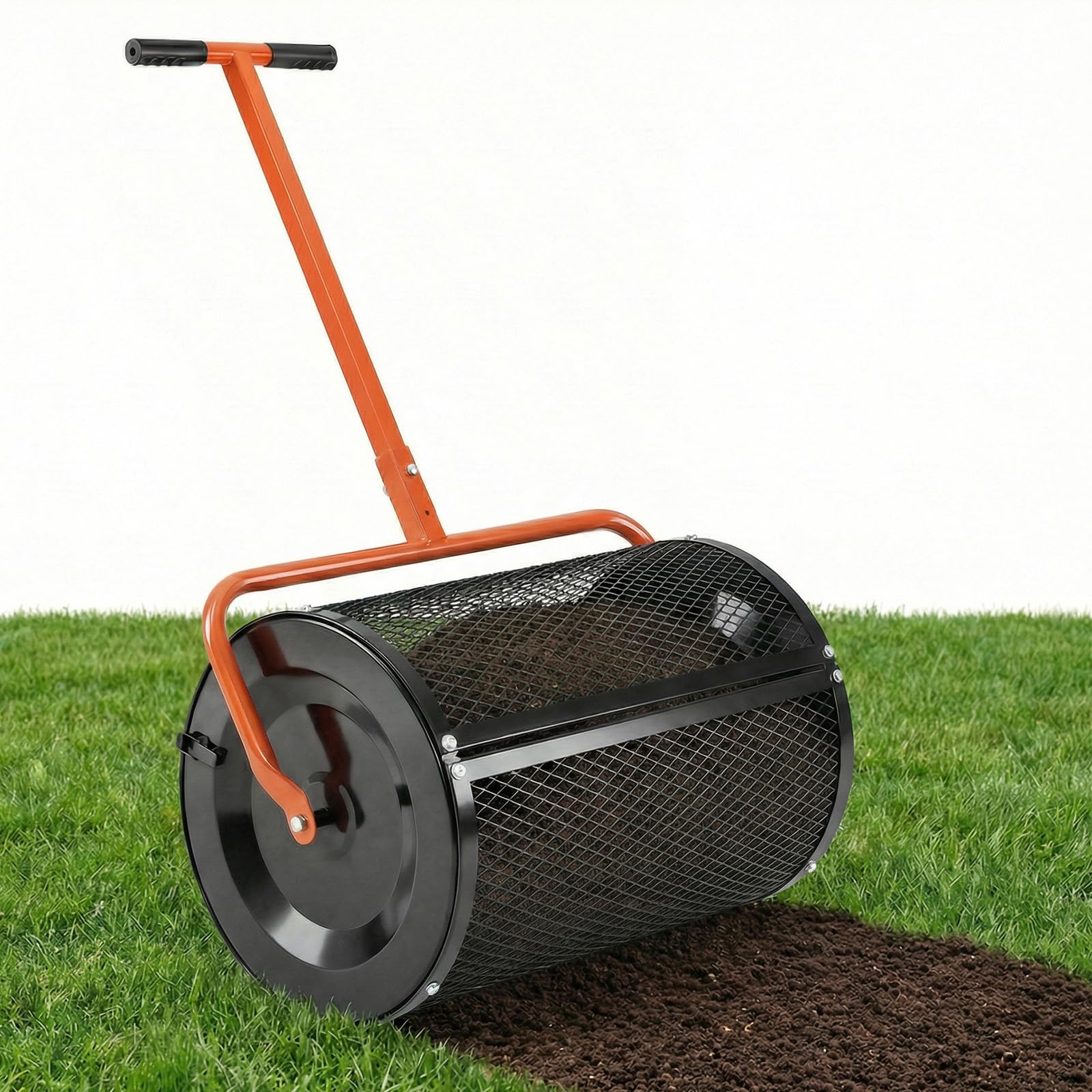 HOMASIS Spandiconcime a Rullo, Rullo da Giardino con Rete Metallica e Manico Regolabile in Altezza, Spanditore per Compost con Chiusure Laterali e Perno a Apertura a B per Cortile e Prato (Arancione)