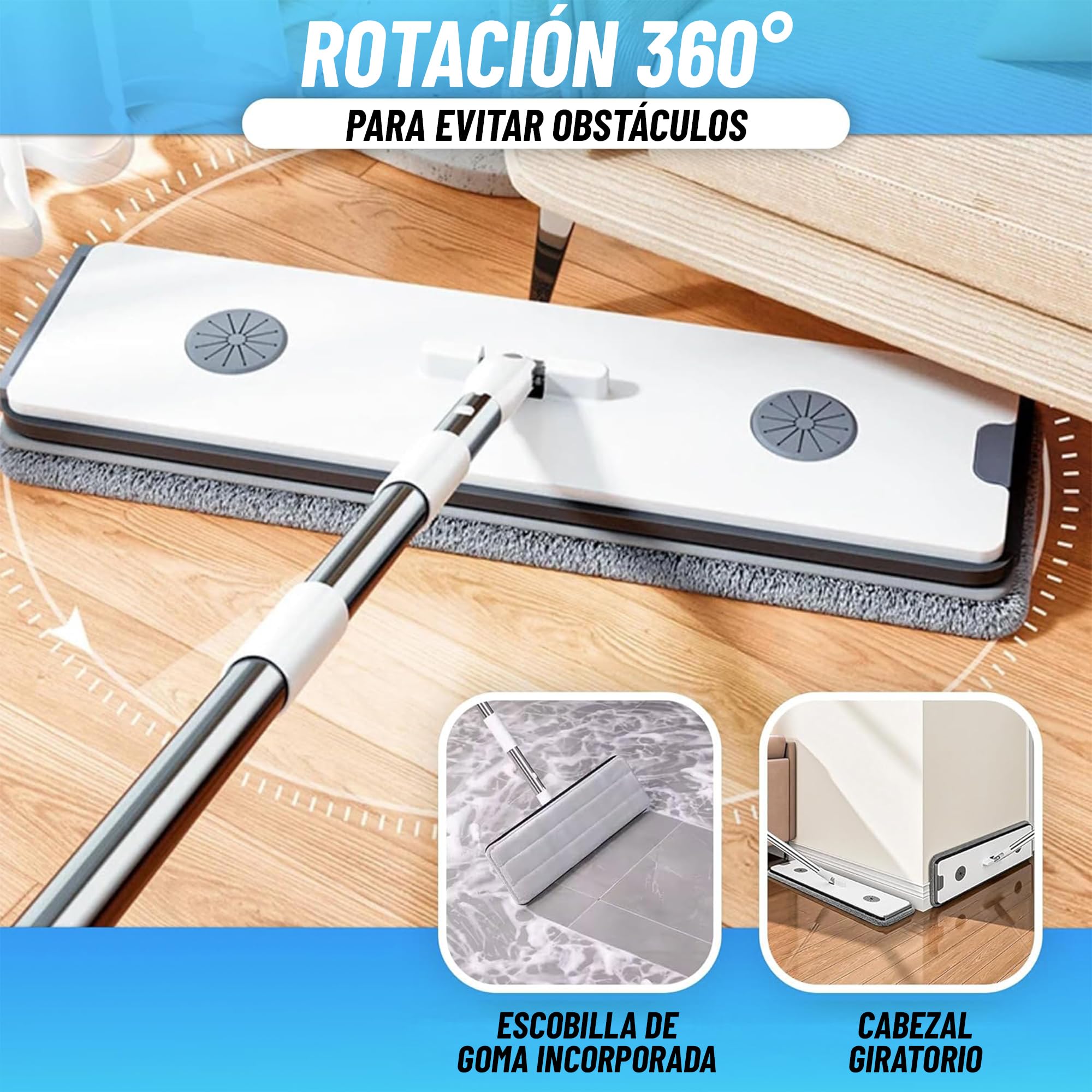 Mopas de Limpieza Suelos con Cabezal XL 360°, Mopa para Limpiar Azulejos y Paredes, Fregona Autoescurrible, Cubo Escurridor Doble Compartimento, Mopa Microfibra Antideslizante