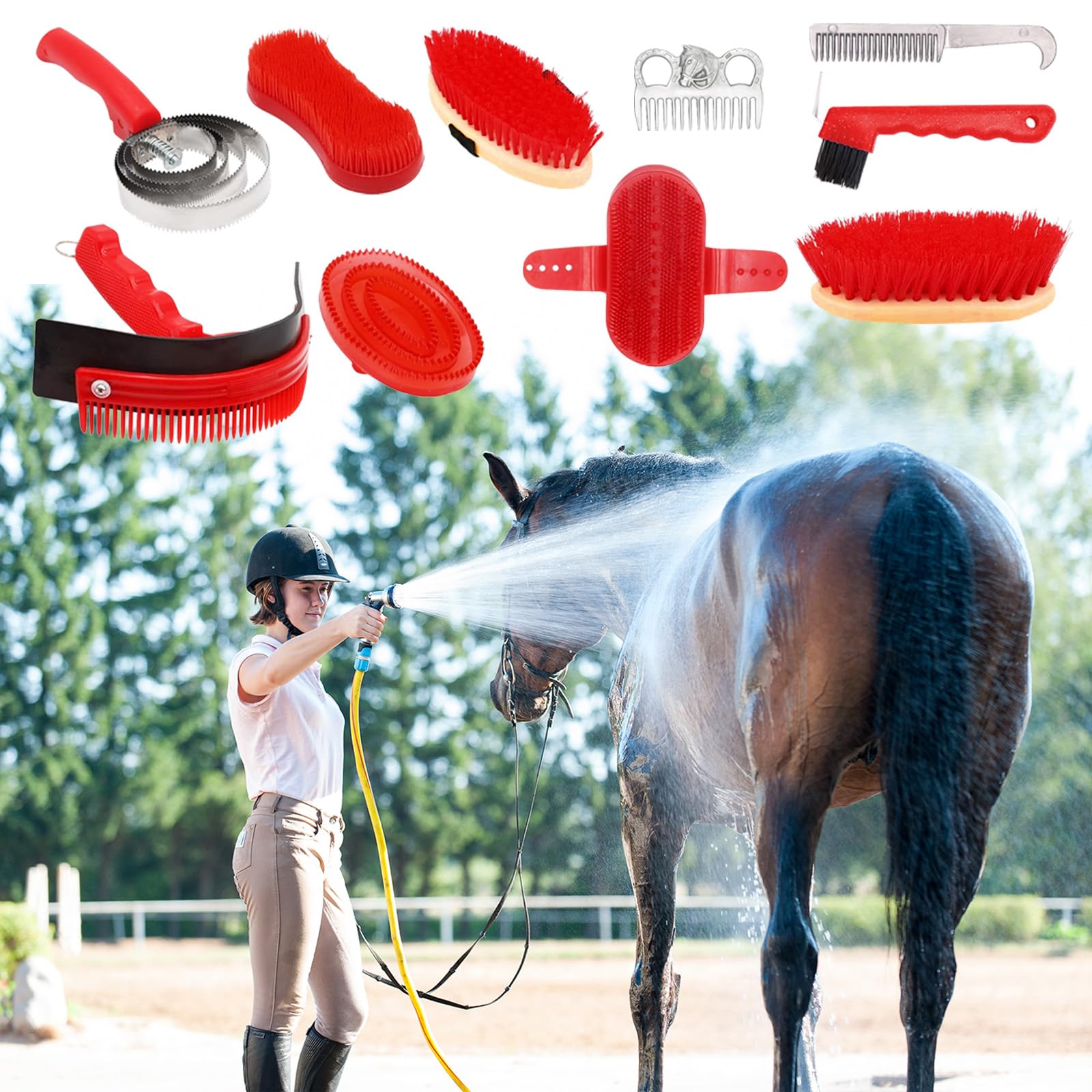 Cepillos Para Caballos, 10PCS Juego De Cuidado De Caballos Juego De Cuidado De Cepillos Kit De Cuidado De Caballos Limpieza De Caballos Cepillo Ecuestre Accesorios Con Bolsa De Almacenamiento