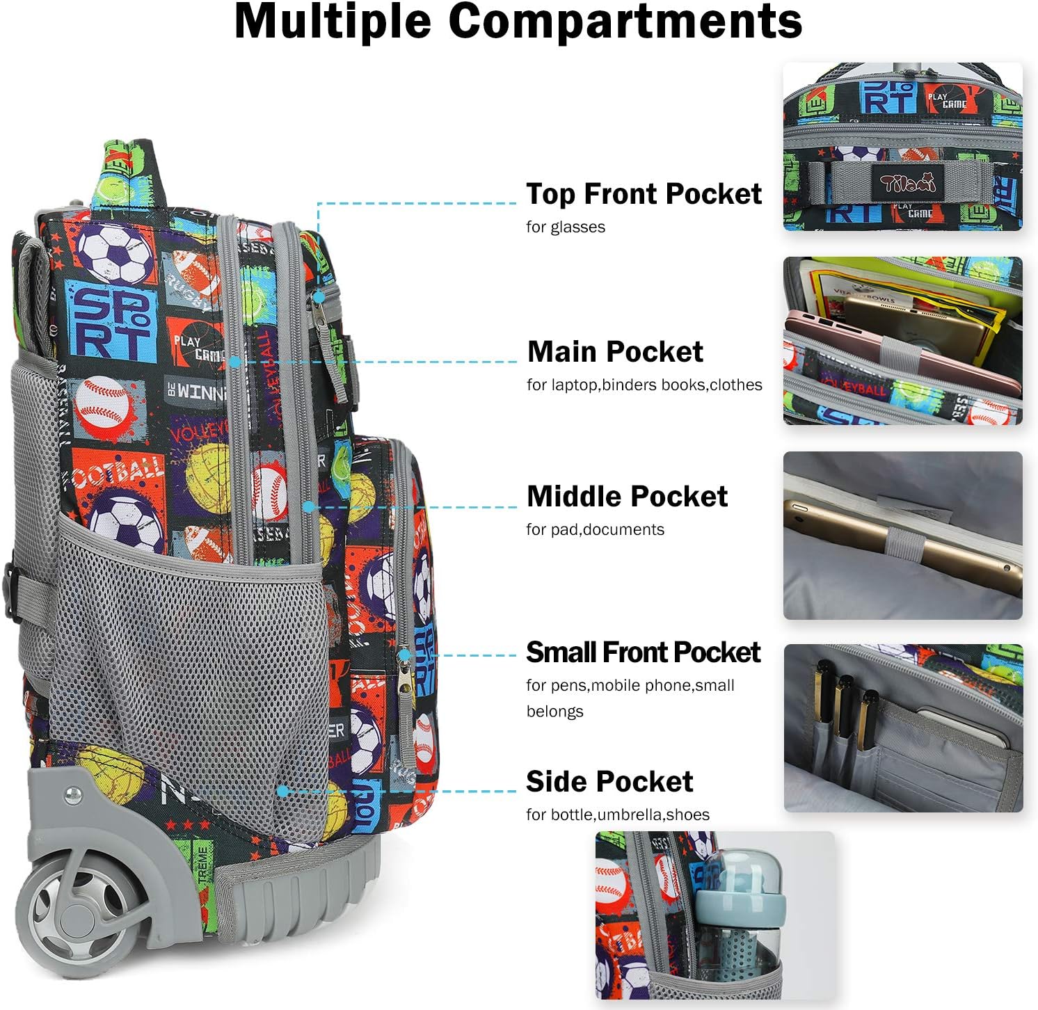 Tilami Rolling Backpack 18 inch Wheeled Laptop Backpack School College Student Travel Trip Boys and Girls, Sport Balls - Image 4