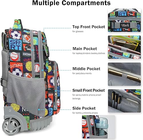 Miniatura 4 de Tilami Mochila con ruedas, mochila para laptop de 19 pulgadas con ruedas y lonchera, bolas deportivas, 18.92x12.87x8.27inch