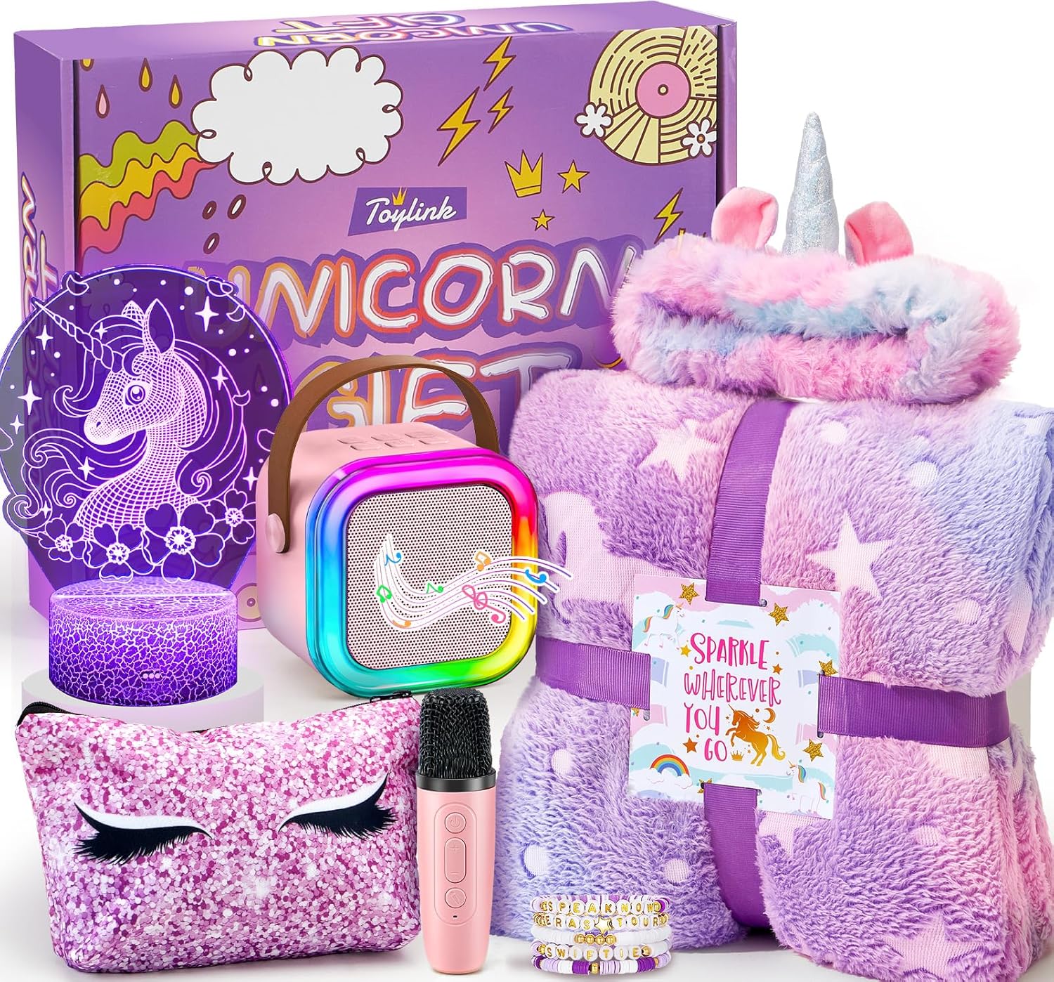 Unicorn Gifts for Girls Age 4 5 6 7 8 9 10, Kids Unicorn Toys with Mini Karaoke Machine/Glowing Blanket/Night Light/Headband/Bracelets, Birthday Graduation Gifts for Daughter Niece