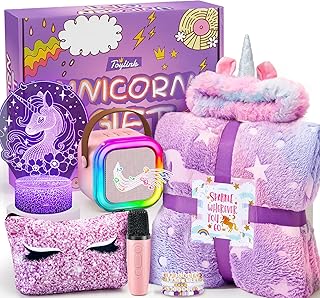 Unicorn Gifts for Girls Age 4 5 6 7 8 9 10, Kids Unicorn Toys with Mini Karaoke Machine/Glowing Blanket/Night Light/Headband/Bracelets, Birthday Graduation Gifts for Daughter Niece