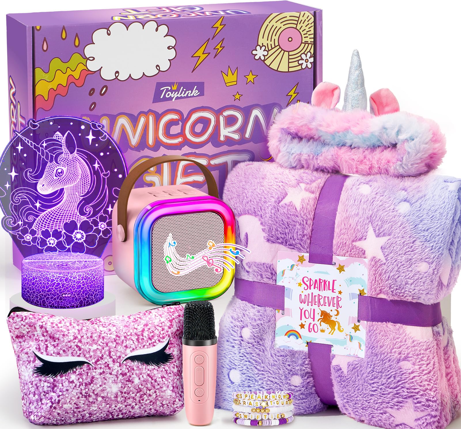 Einhorn Geschenke für Mädchen 6 7 8 9 10 Jahren Karaoke Maschine Kinder Mikrofon mit Lautsprecher Leuchtende Kuscheldecke Einhorn Nachtlicht Stirnband Armband Geburtstag Geschenk Mädchen Spielzeug