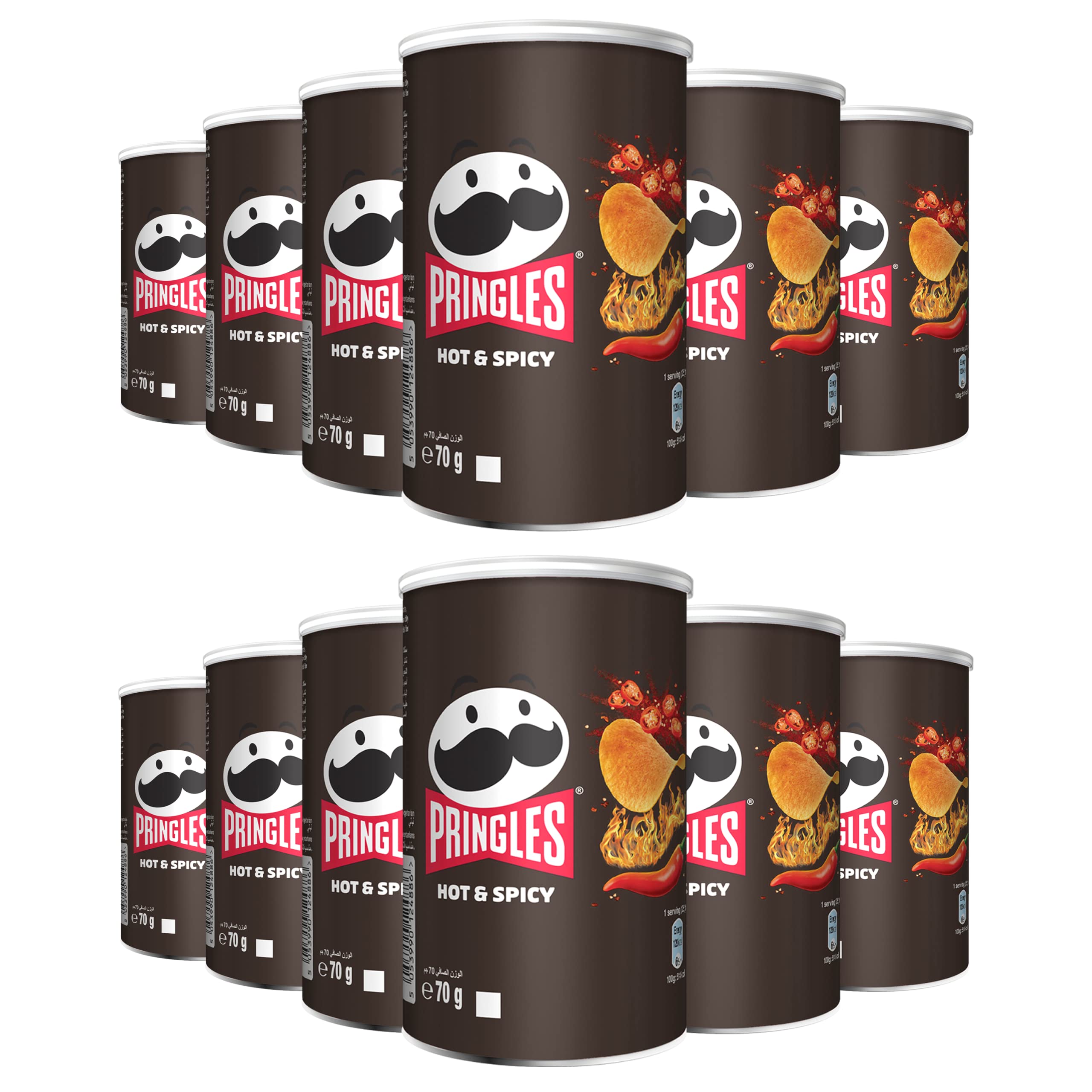 Pringles Hot & Spicy Flavour - Potato Chips - 70 G Each, Pack Of 12 Cans - Crispy Snack - Crunchy Snack Food for Movies, Games & More - On-the-Go Can
