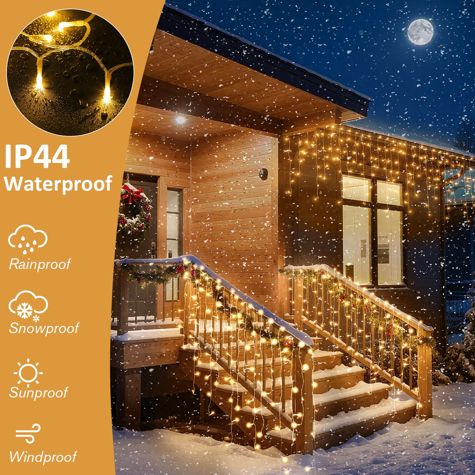 Rideau Lumineux Noel Exterieur, 15M 594 LED Guirlande Lumineuse vec 8 Modes, IP44 étanche pour Fenêtre, Balcon, Jardin, Toit, Blanc Chaud