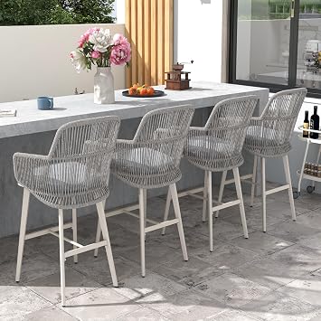Patiorama Outdoor Bar Stools Set of 4, 46" Counter Height Bar Stools Chair w/Woven Rope Back and Arm, Patio Metal Modern Wicker Bar Chairs, Rattan Bar Stool for Kitchen Island,Pool, Indoor,Light Grey